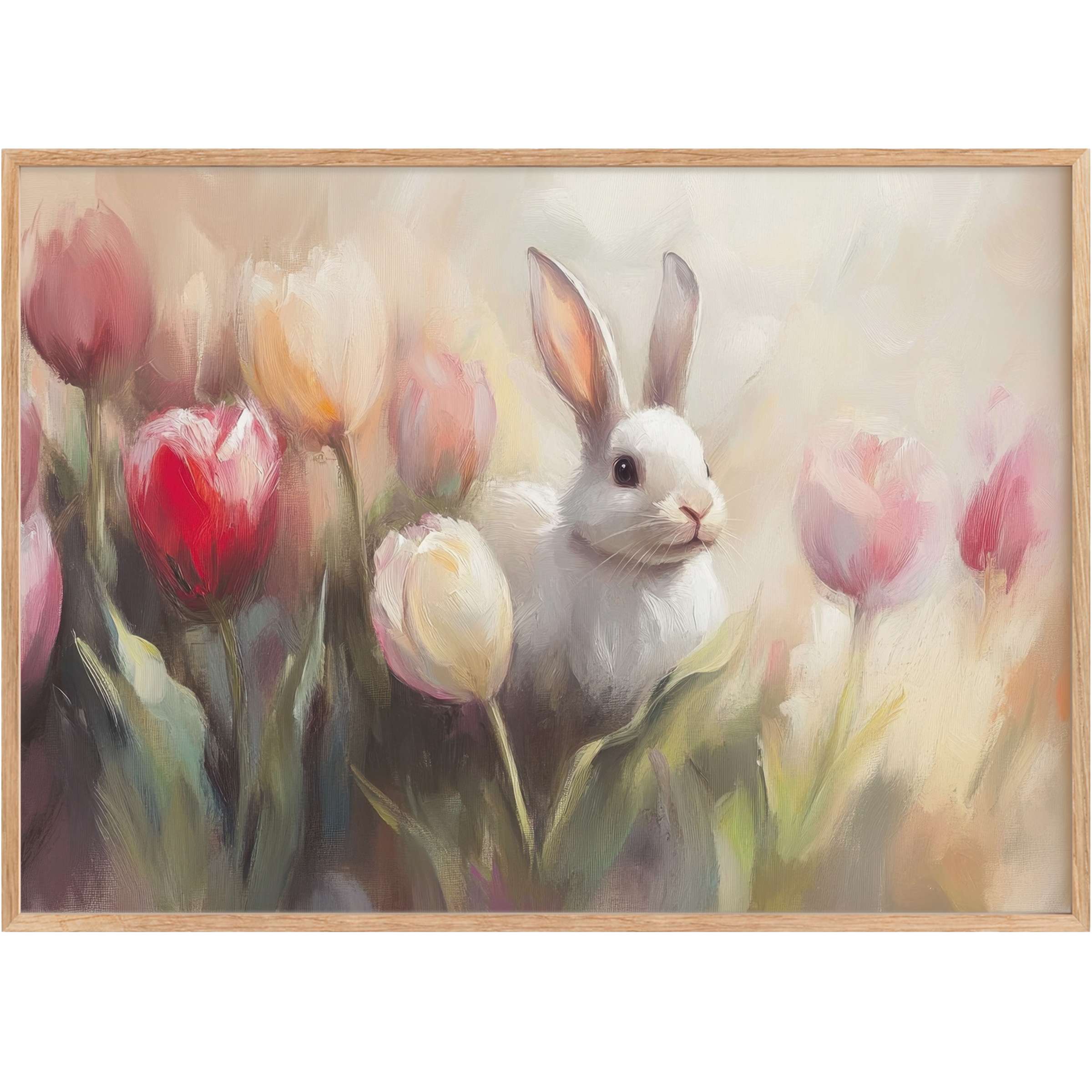 Easter printable wall art featuring a serene white bunny amidst soft pink and cream tulips, evoking a peaceful, radiant spring ambiance