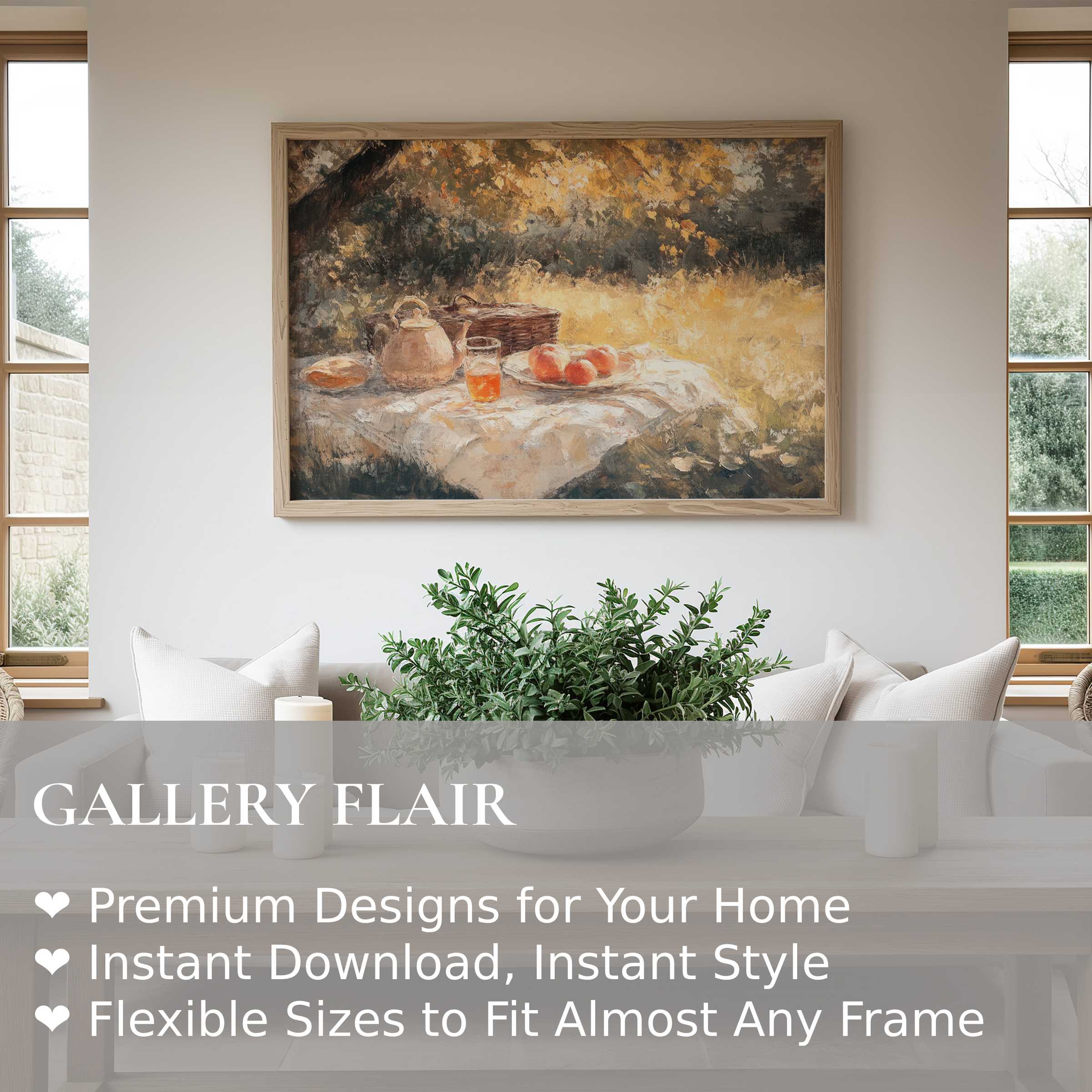 Fall wall art print capturing a radiant autumn picnic scene, perfect for elevating modern, cozy living spaces