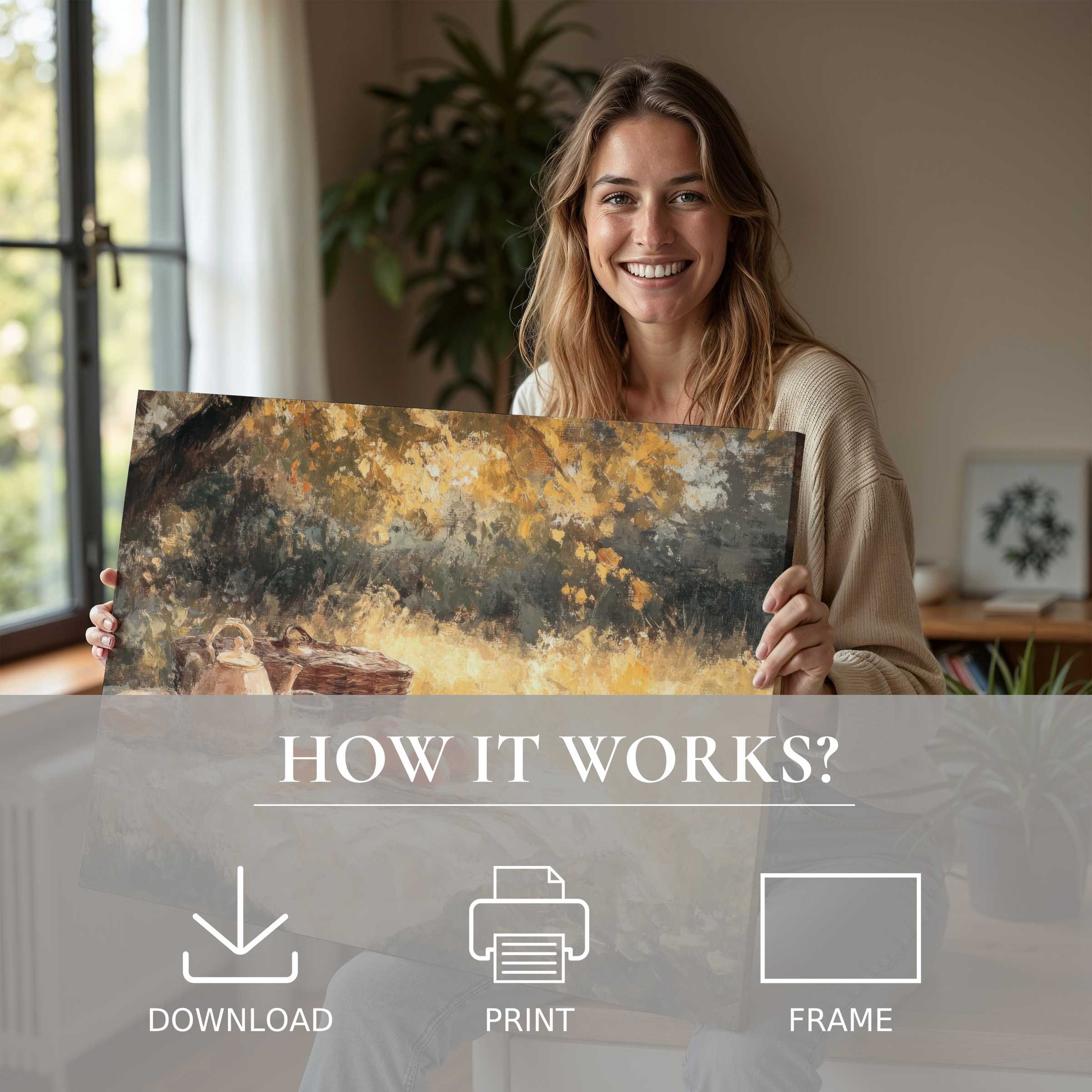 Woman in a serene modern home embraces a warm fall digital art print, embodying joy in effortless refined décor