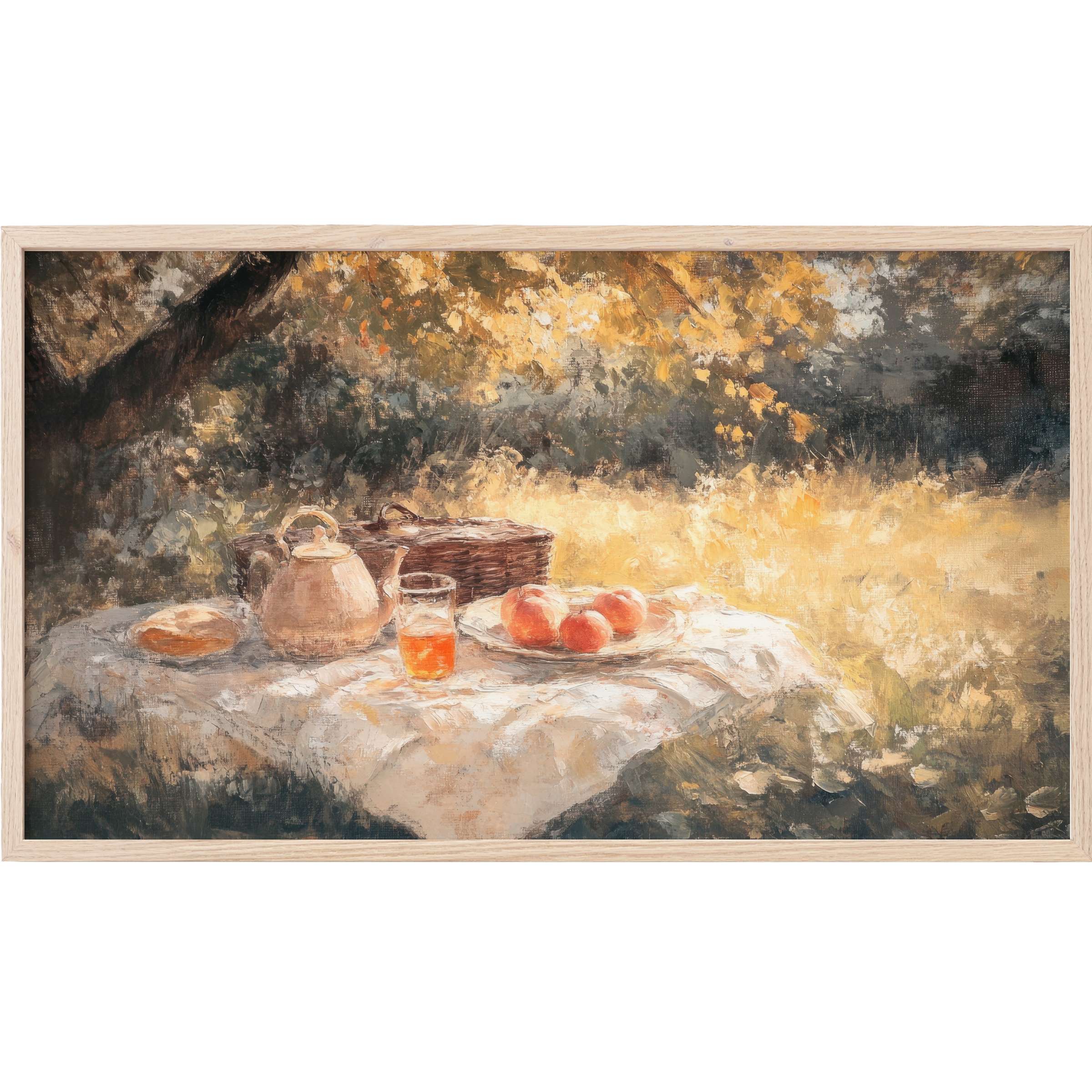 Fall Frame TV Art depicts a sunlit autumn scene with warm ochres, soft browns, and textured brushstrokes
