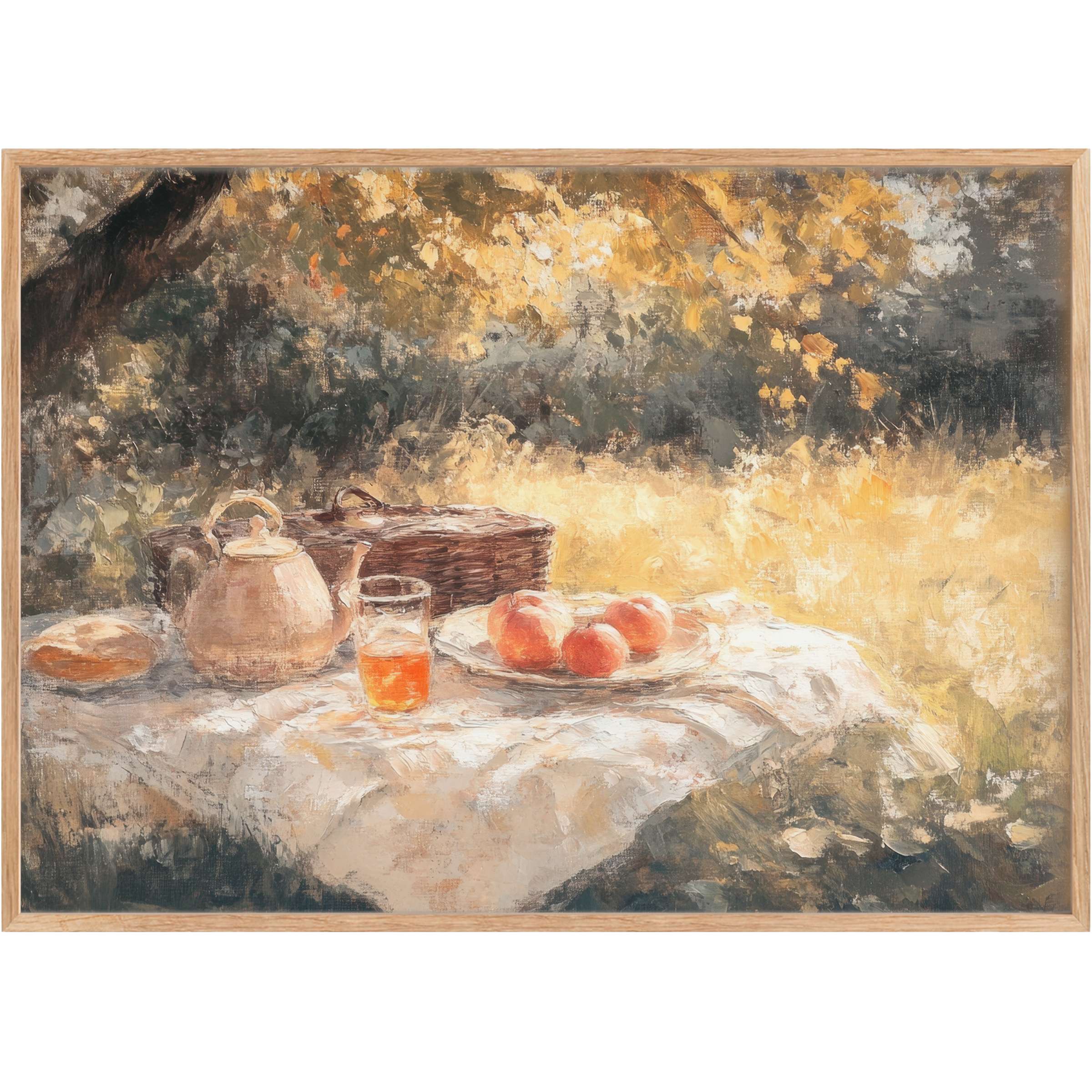 Fall printable wall art capturing a serene picnic bathed in golden amber hues, evoking warmth and timeless elegance