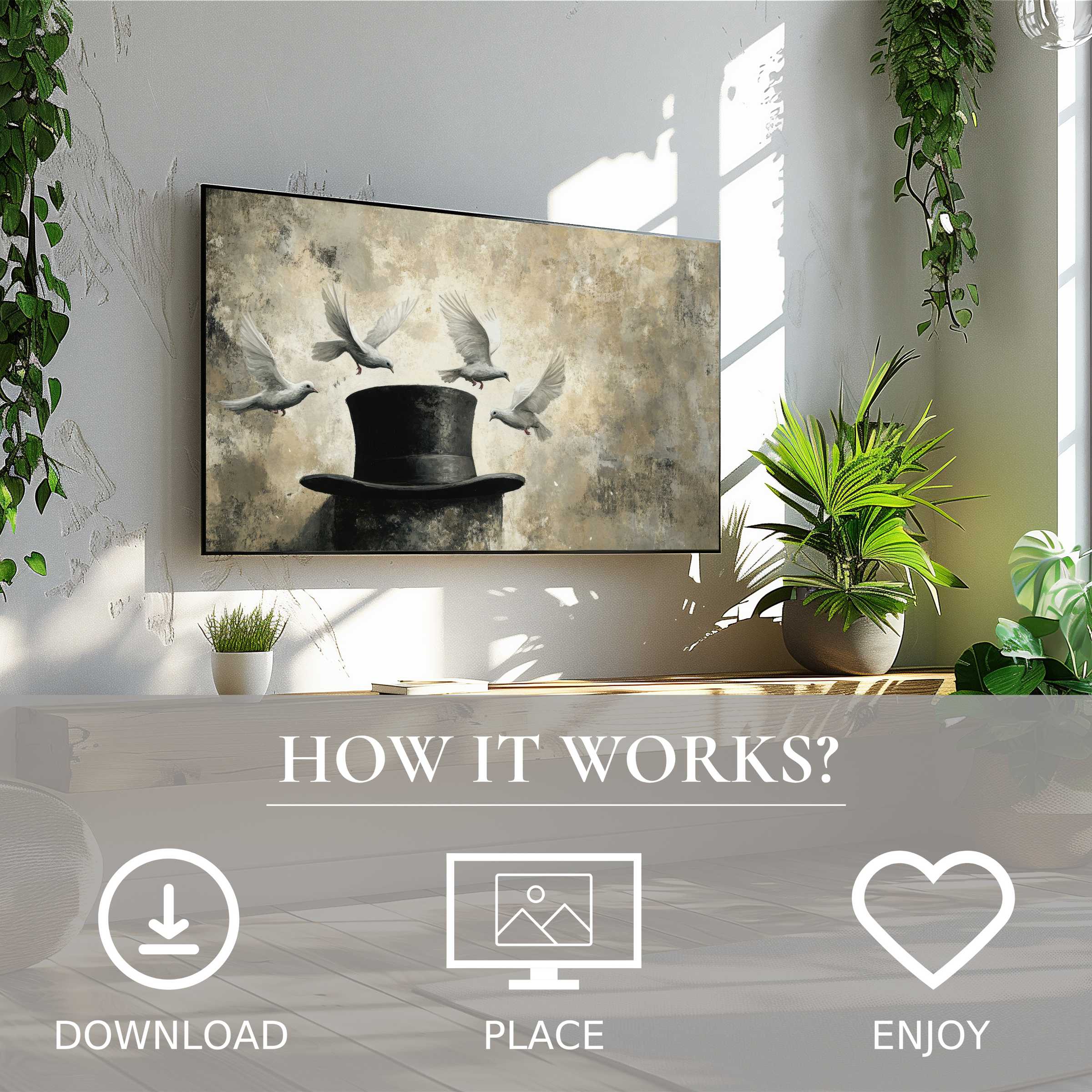 Modern living room with street art for Samsung TV showing soft vintage tones, easy digital download enriches your space