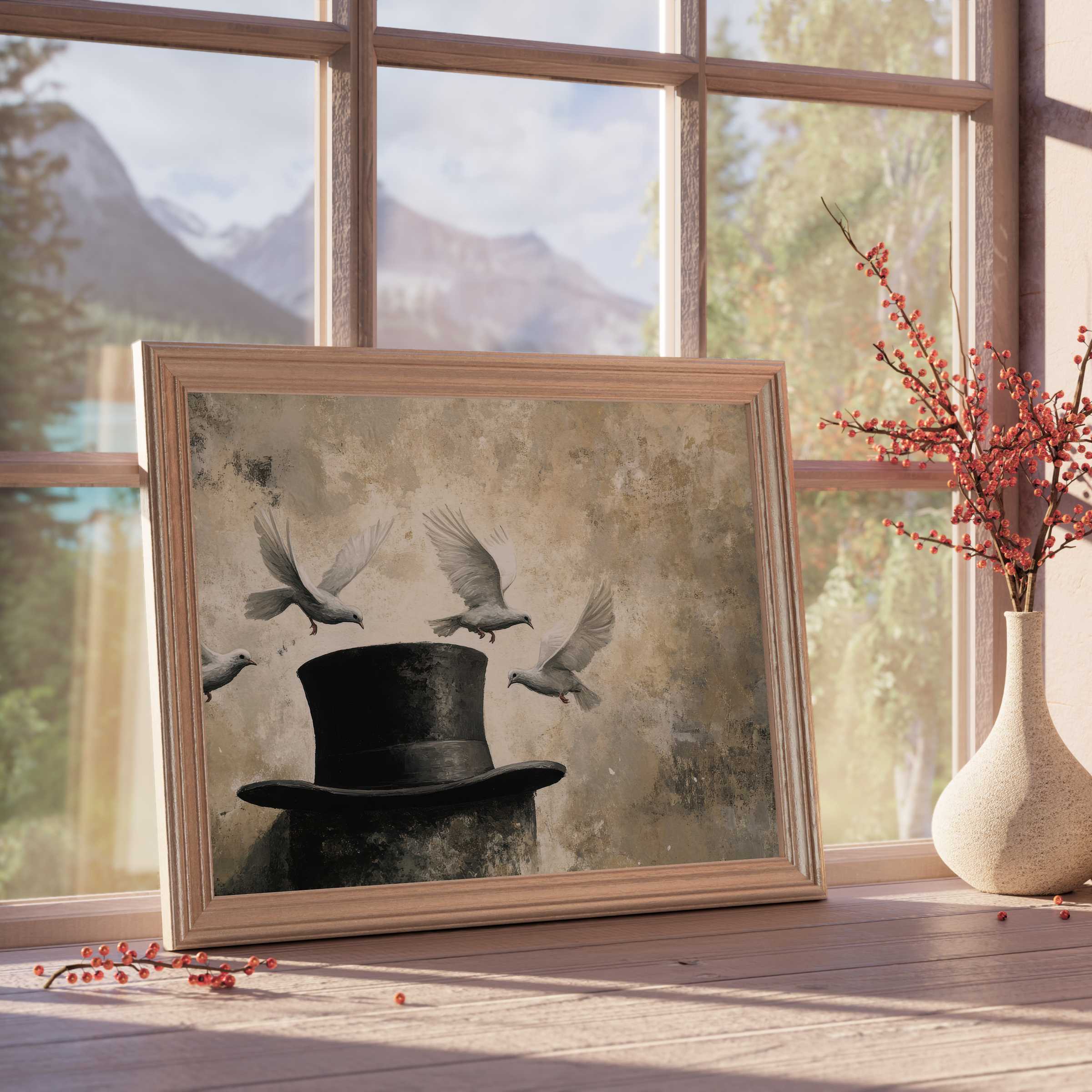 Elegant street art downloadable art featuring doves in flight above a vintage top hat, evoking tranquil, curated interiors Perfect for sophisticated home decor, blending timeless charm and serene ambiance with nature-inspired, design-forward appeal