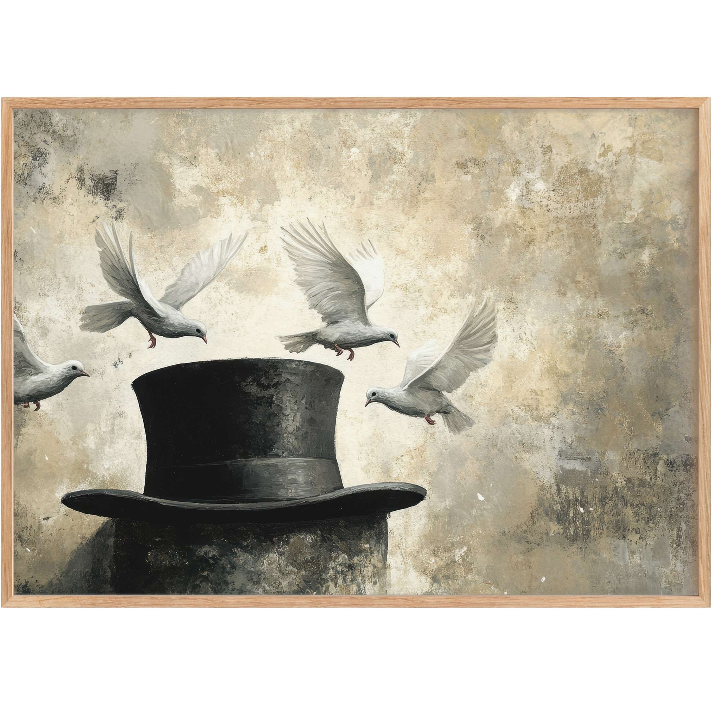 Elegant street art printable wall art featuring serene white doves soaring over a classic black top hat, evoking a tranquil, timeless mood with soft beige and charcoal tones
