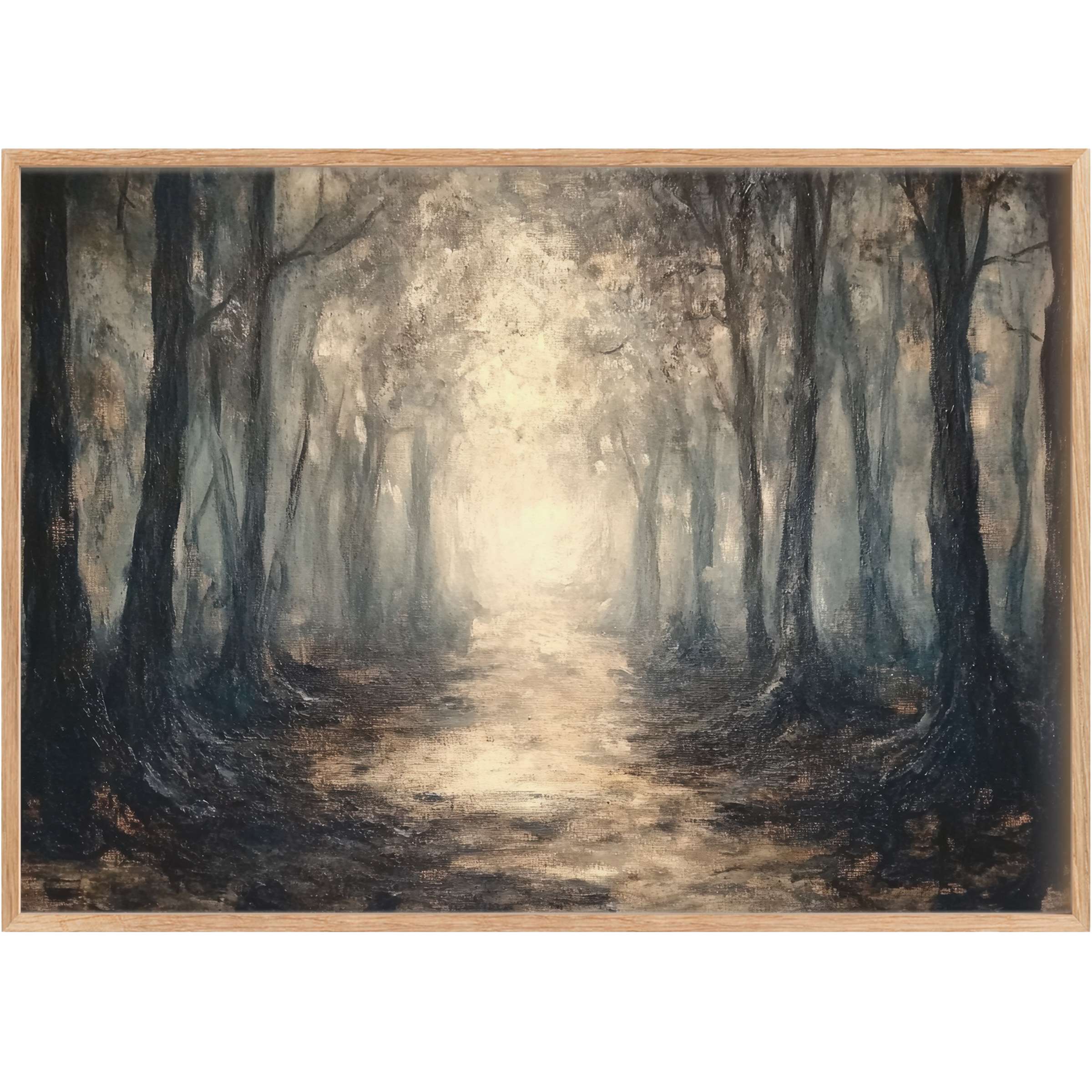 Hauntingly elegant halloween printable wall art featuring a misty forest path in deep blues and soft grays, evoking a mysterious, serene atmosphere that elevates sophisticated interiors