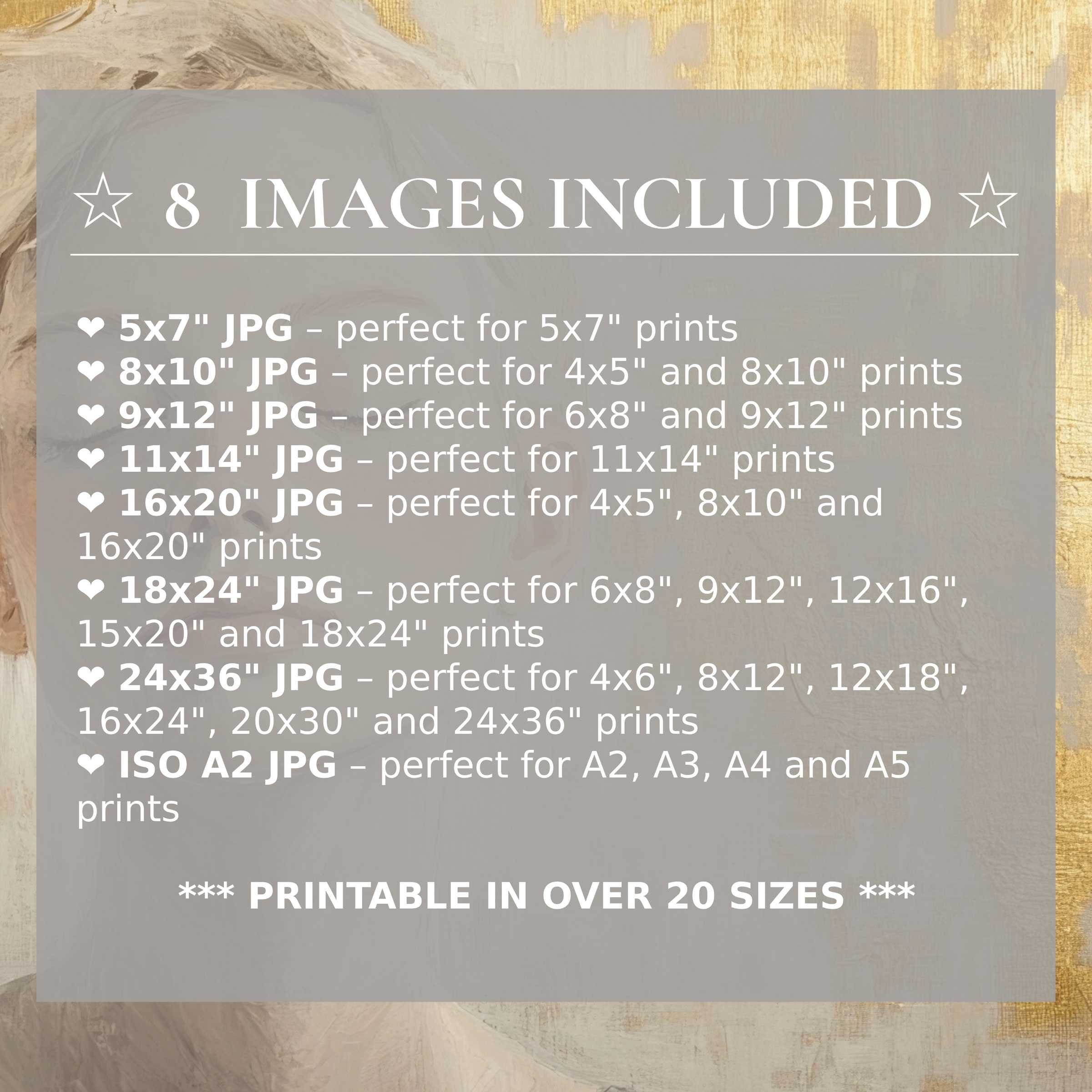 Radiant abstract digital print in warm golds and creams, offering elegant versatility with 8 high-quality sizes included