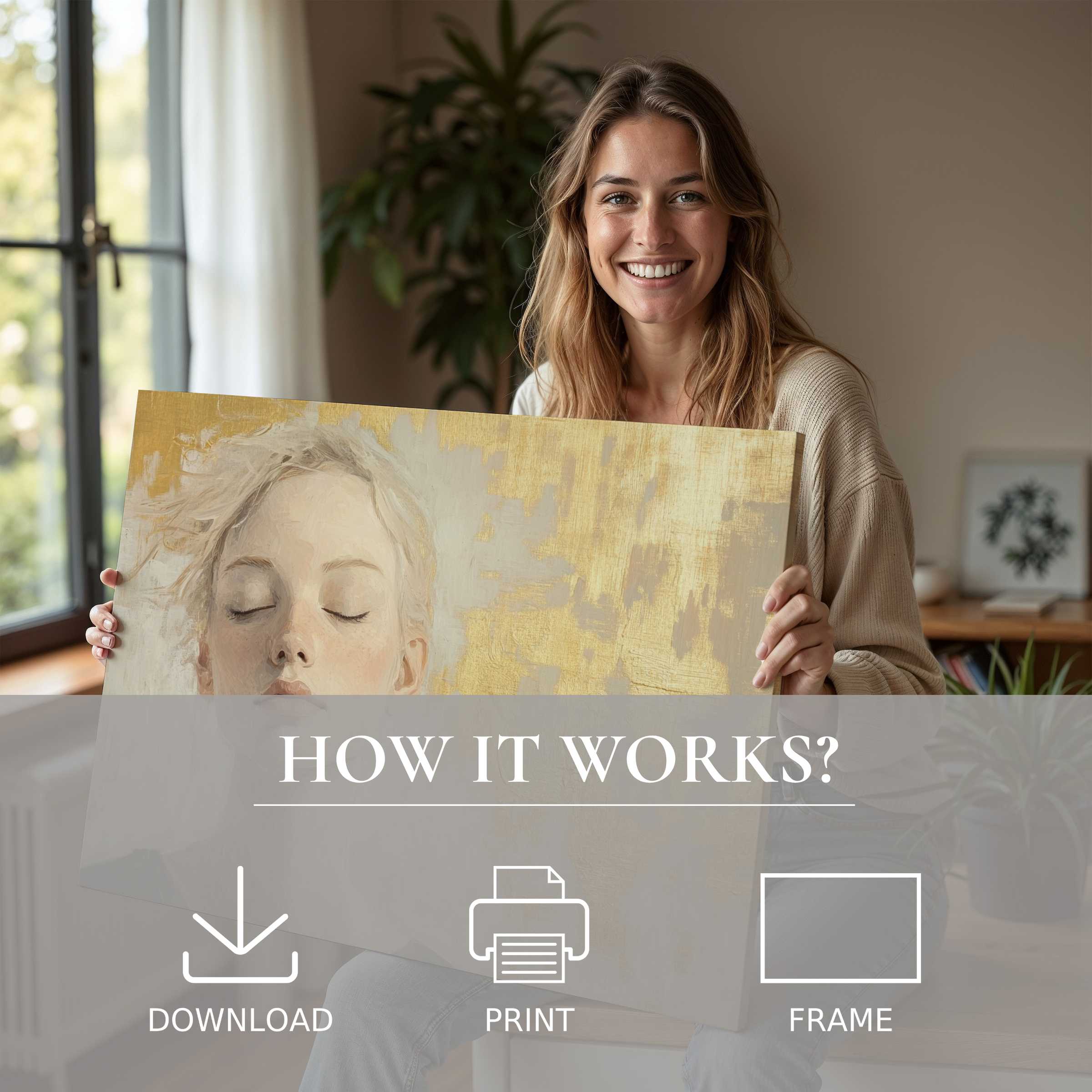 A serene moment of joy as a woman reveals an abstract digital art print, infusing her modern home with effortless elegance and heartfelt connection