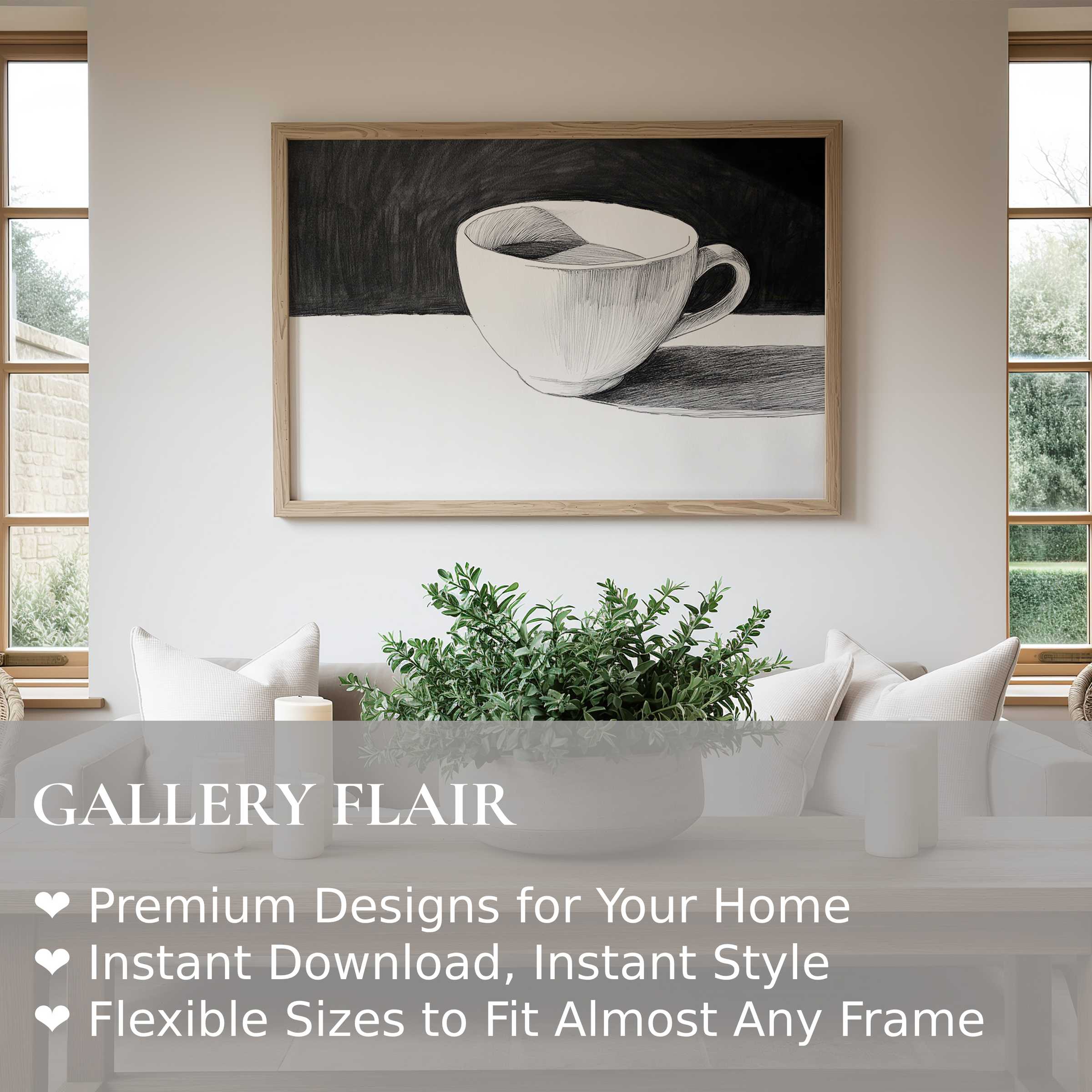 Black and white wall art print of a minimalist cup sketch, adding bold contrast and modern sophistication to a serene, contemporary living space