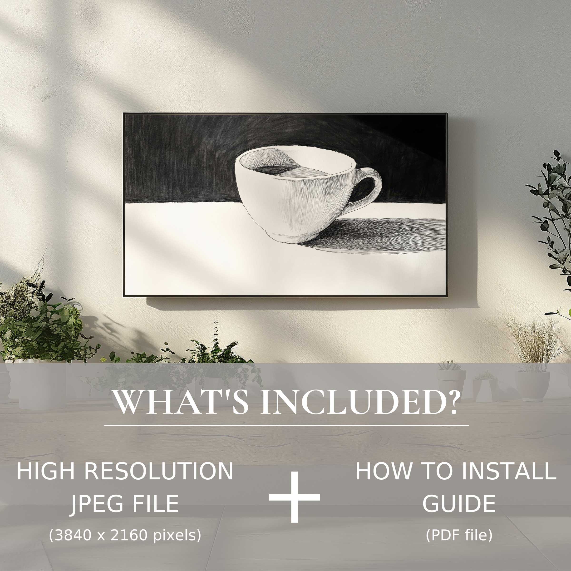 Elegant black and white digital TV art download featuring a minimalist cup, enhancing modern living spaces with easy digital use