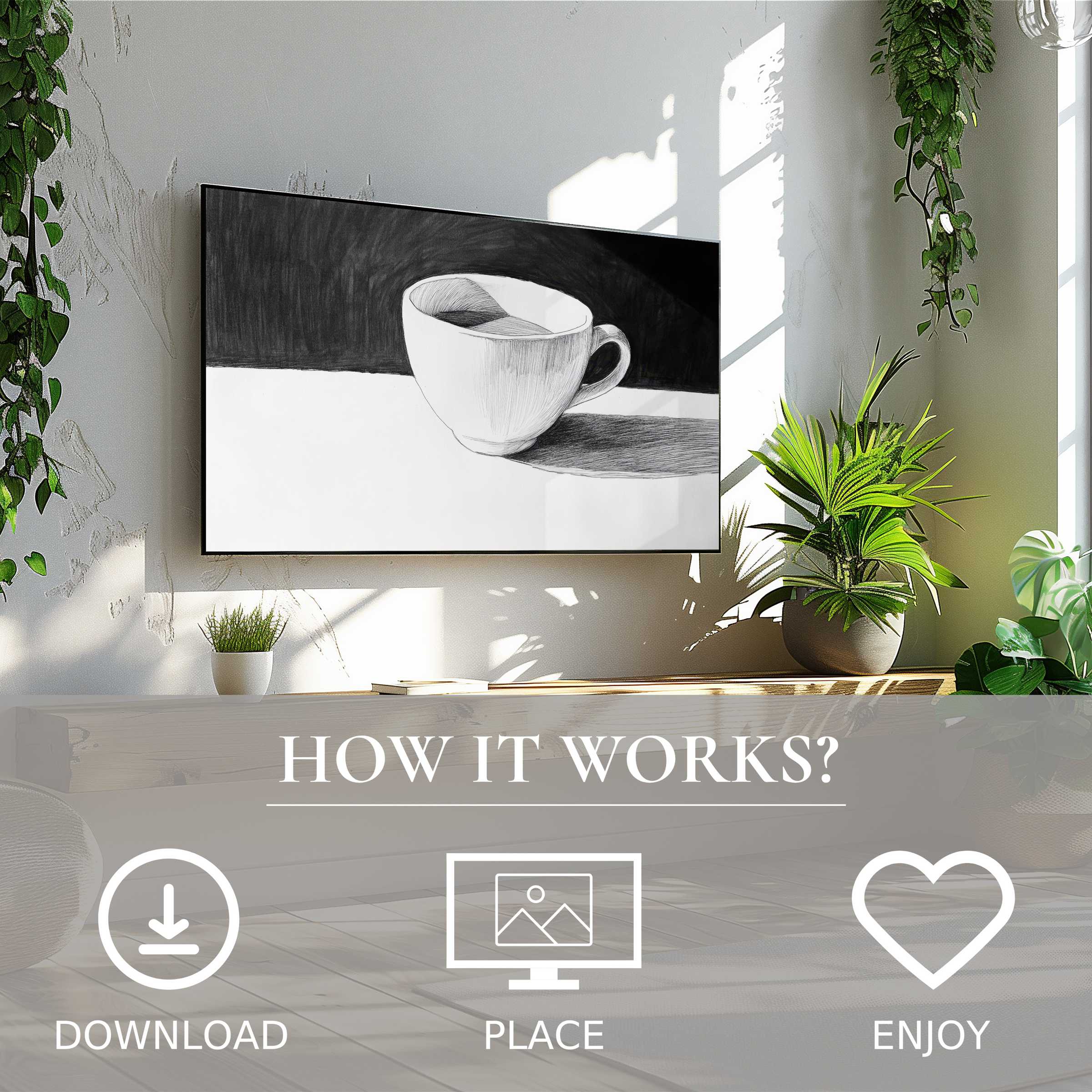 Black and white art for Samsung TV shows abstract cup motif, easy digital download, enriches modern living spaces beautifully