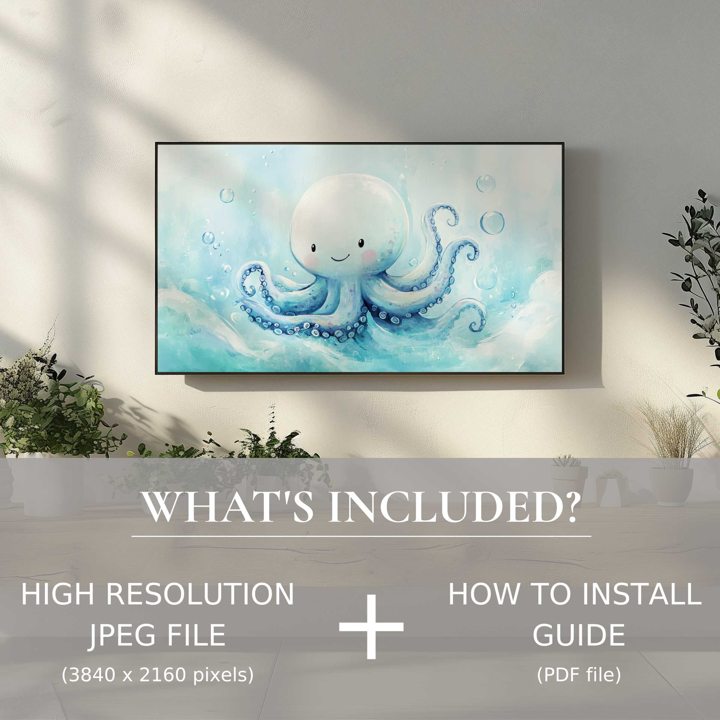 Elegant nursery digital TV art download features a cute octopus, easy digital use enhances stylish living spaces