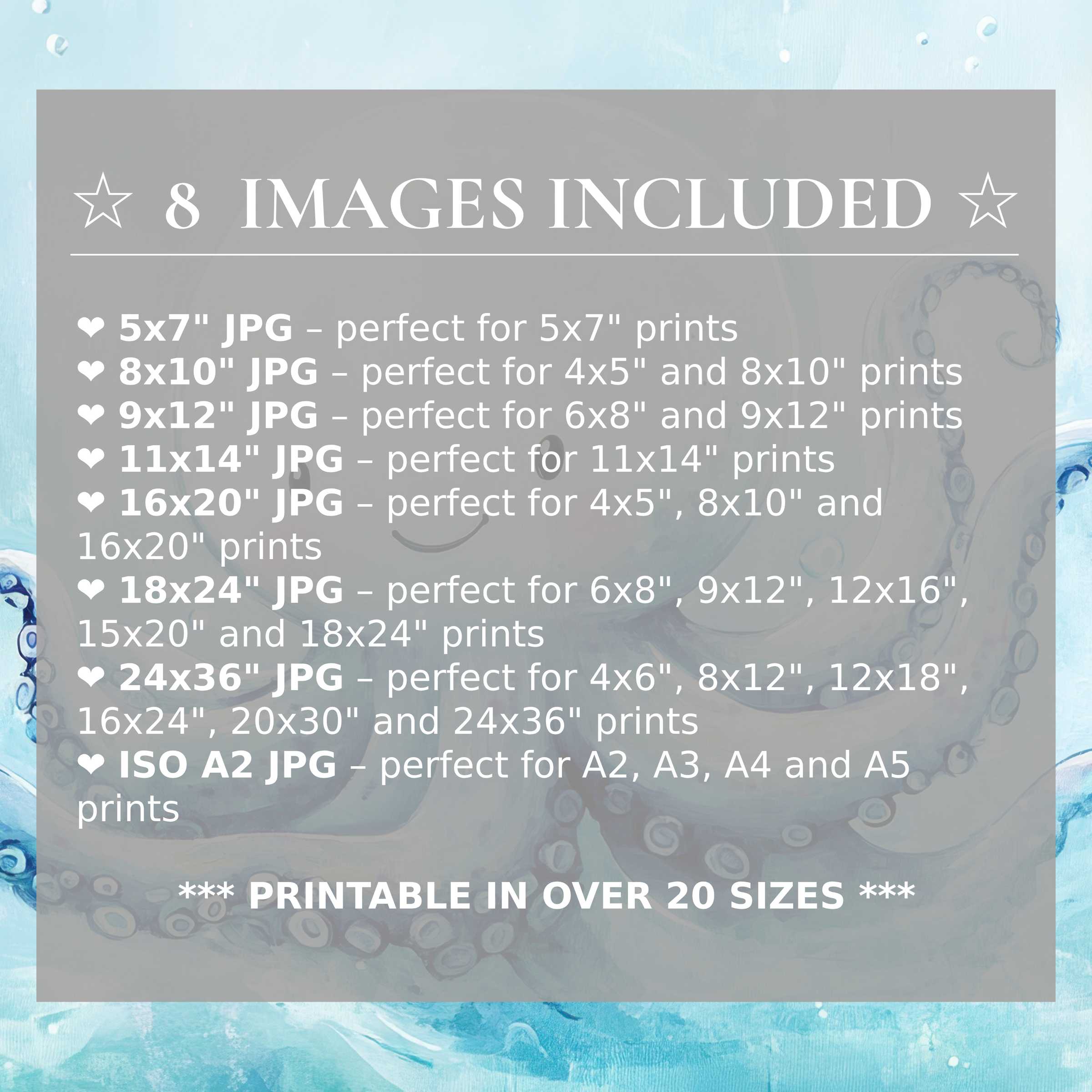 Nursery digital print in soothing ocean blues and muted grays, offering 8 high-quality sizes included, elevating modern interiors with versatile, serene elegance