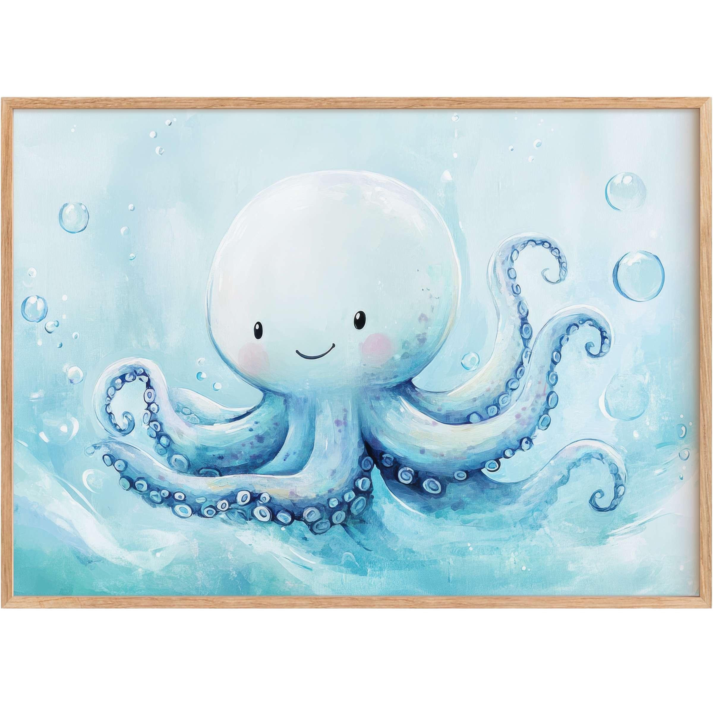 Charming nursery printable wall art featuring a smiling octopus in soothing aqua tones, creating a serene, joyful ambiance