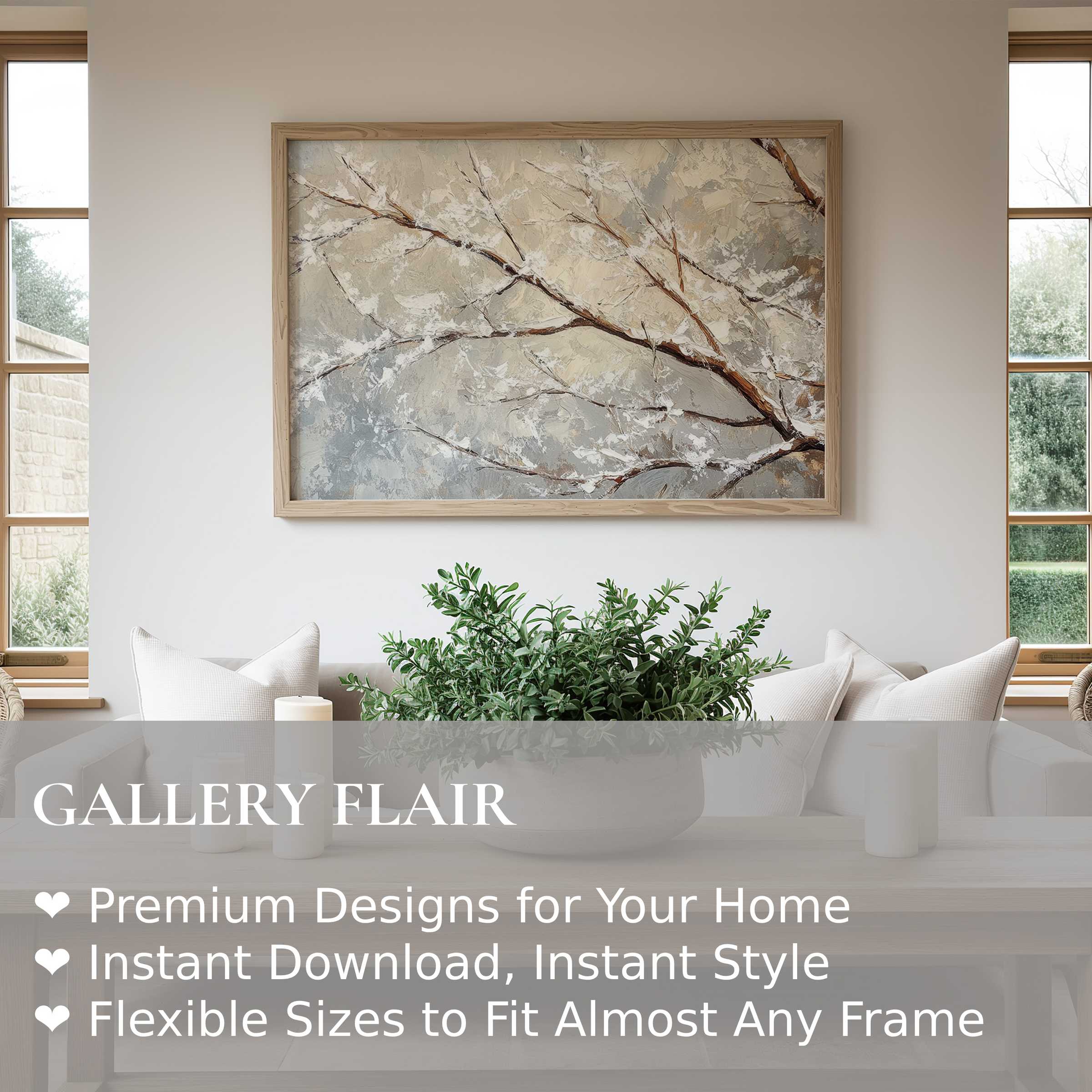 Elegant tree wall art print with soft, textured branches in neutral tones elevates this modern, minimalist living room with calming natural artistry