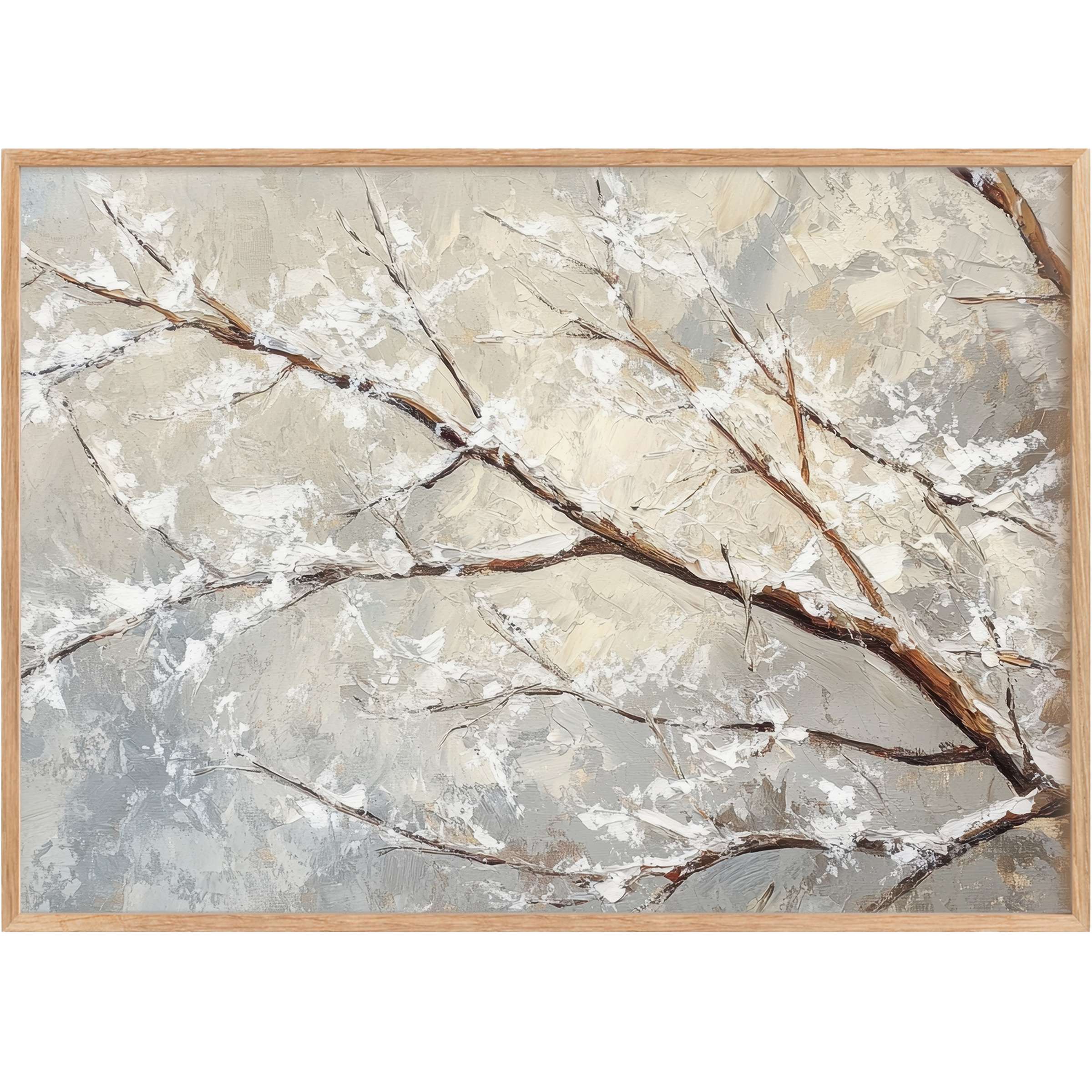 Serene tree printable wall art with textured white blossoms and soft beige-gray hues, evoking tranquil elegance and refined natural beauty