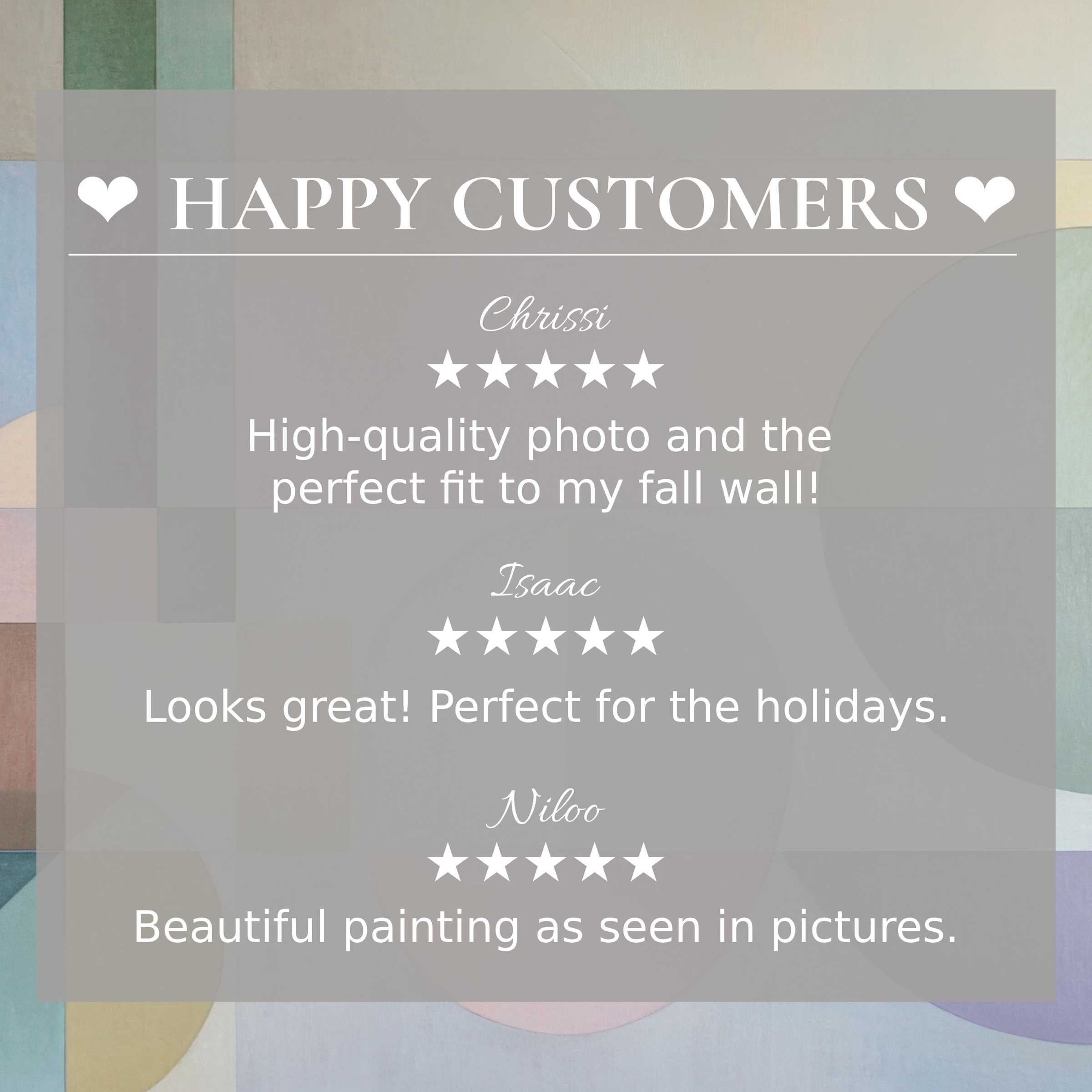 Modern art for Frame TV with abstract pastel shapes; happy customer reviews build trust in elegant design
