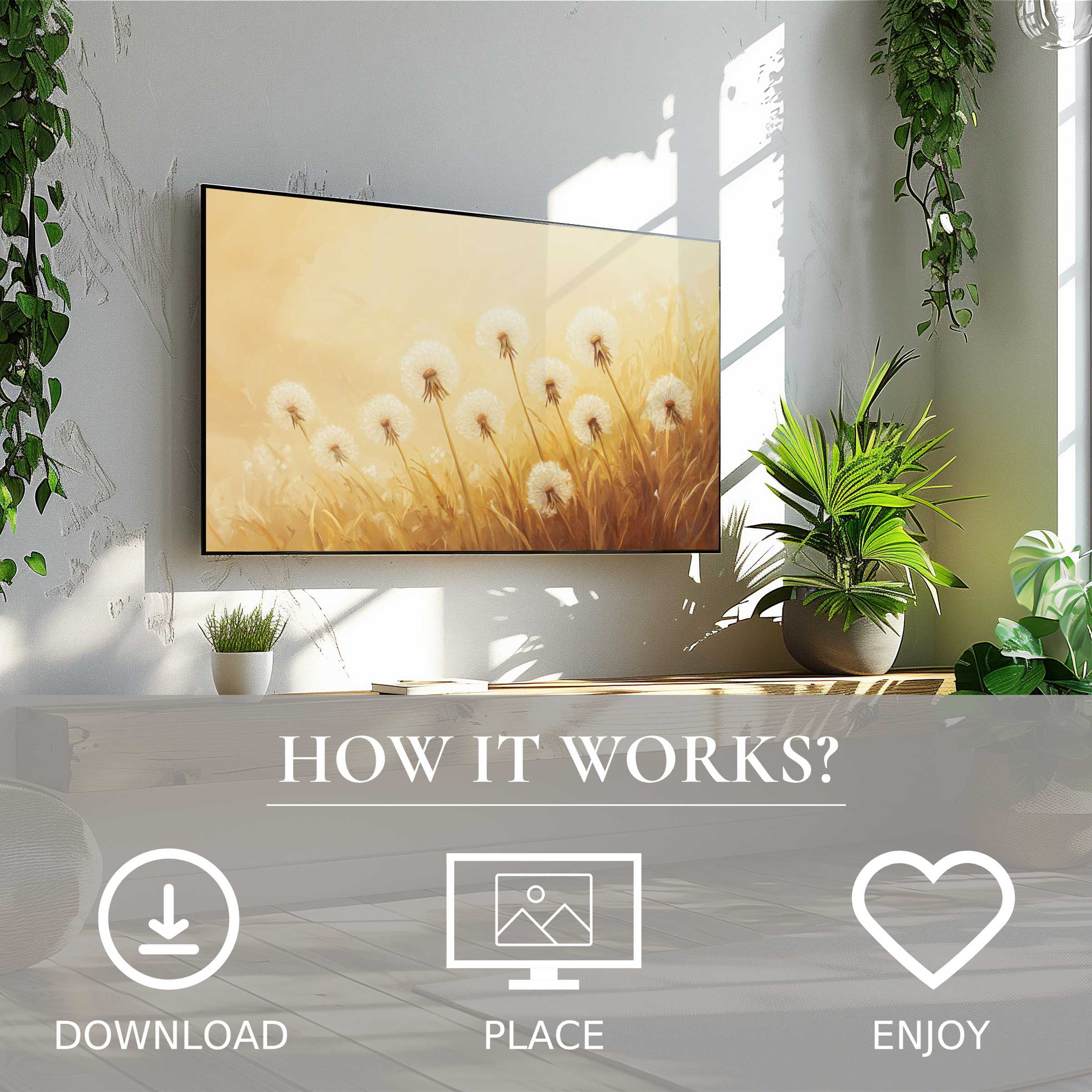 Floral art for Samsung TV showing soft golden dandelions, easy digital download, adding warmth and style to your room