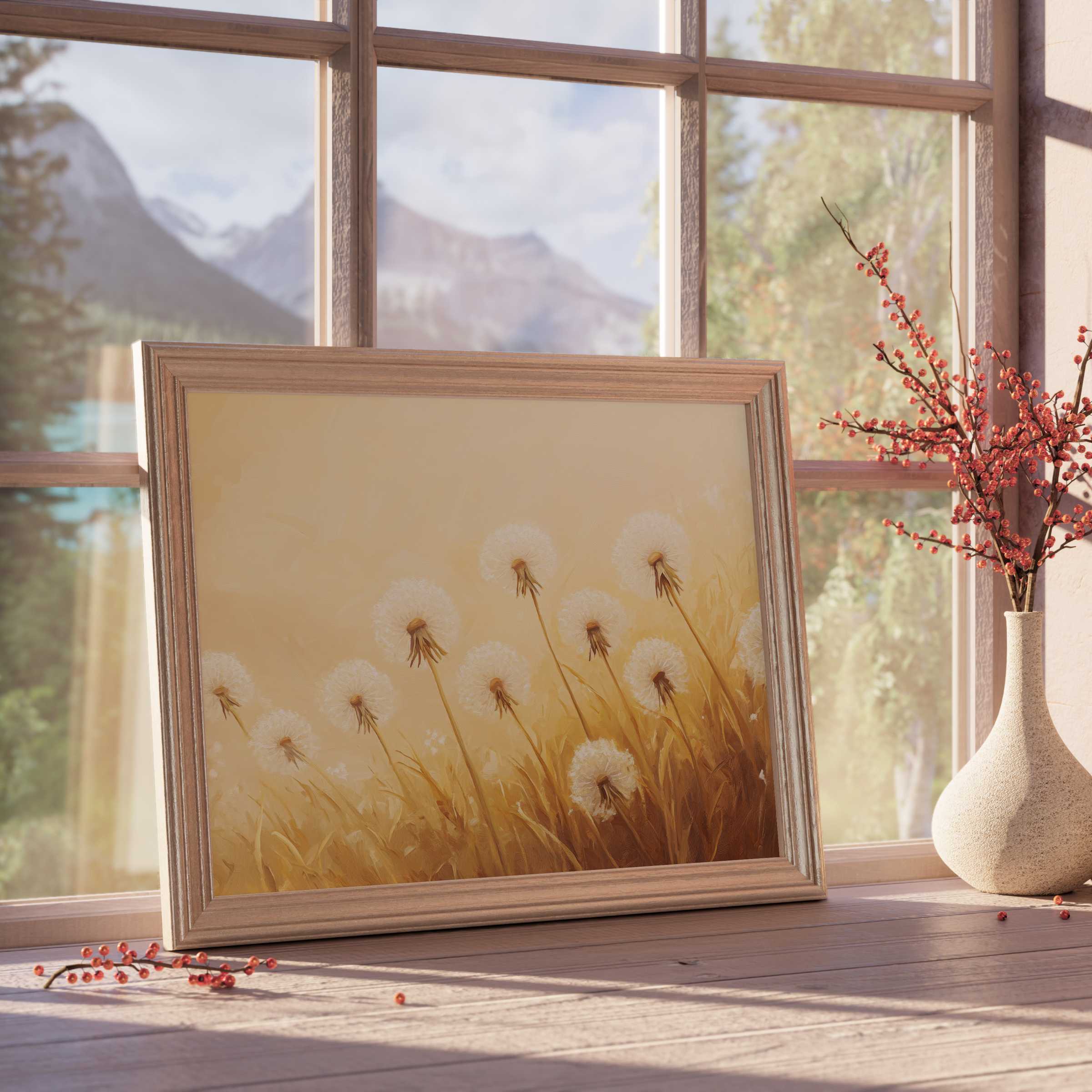 Elegant floral downloadable art featuring delicate dandelions in warm earthy tones, perfect for serene, design-forward interiors
