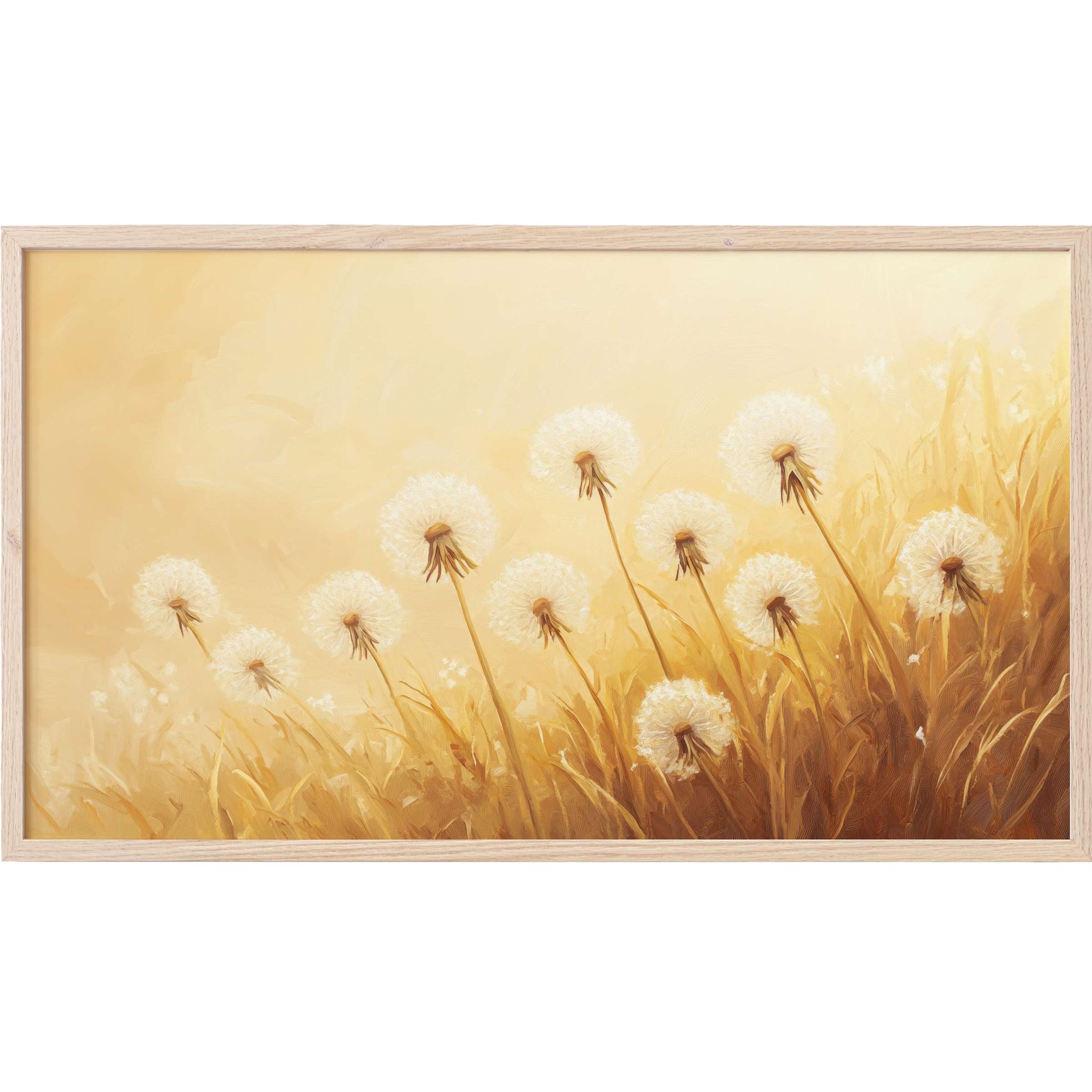 Floral Frame TV Art with soft golden hues and delicate dandelions in a modern, serene naturalistic style