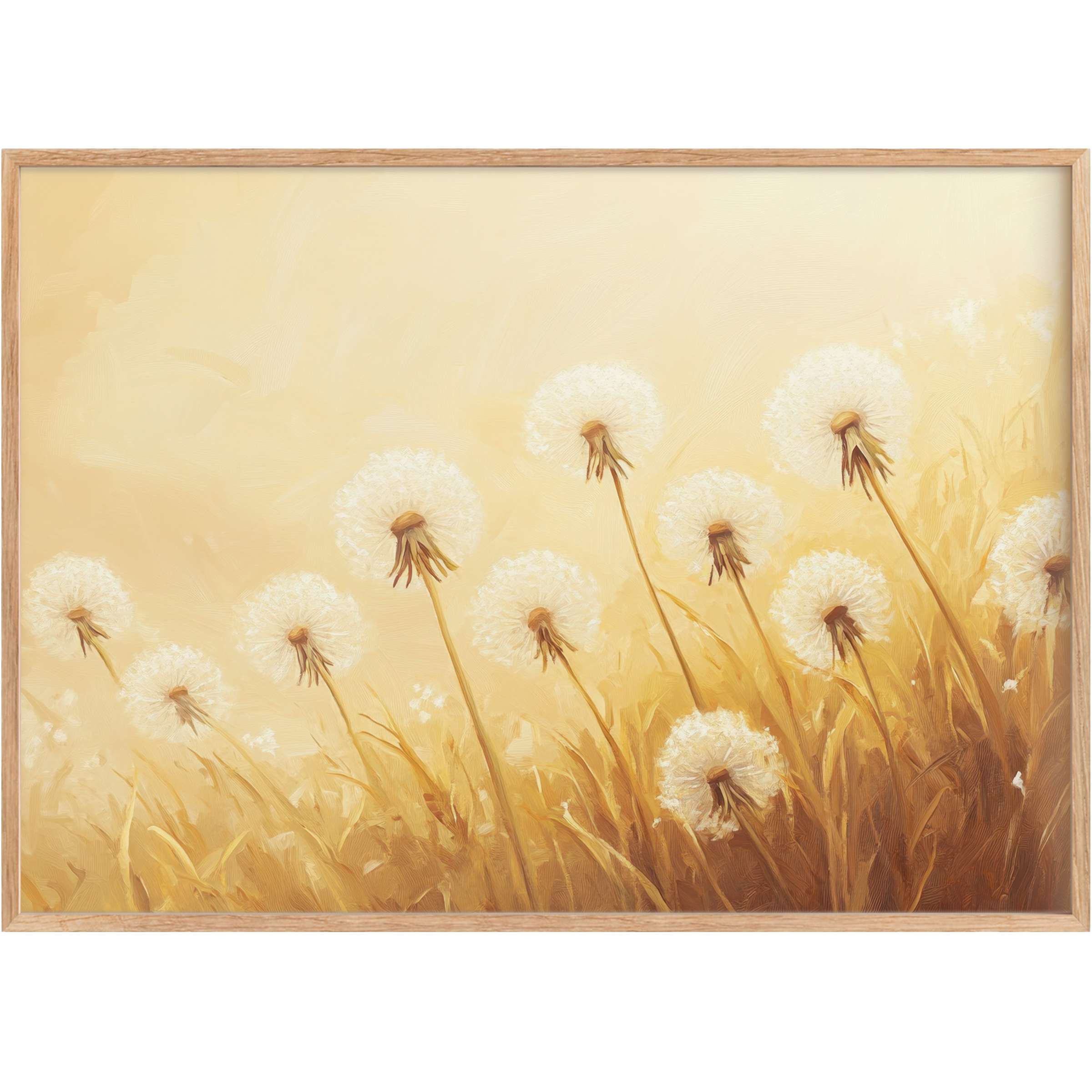 Golden-hued floral printable wall art of delicate dandelions evokes a warm, serene ambiance that enriches elegant interiors