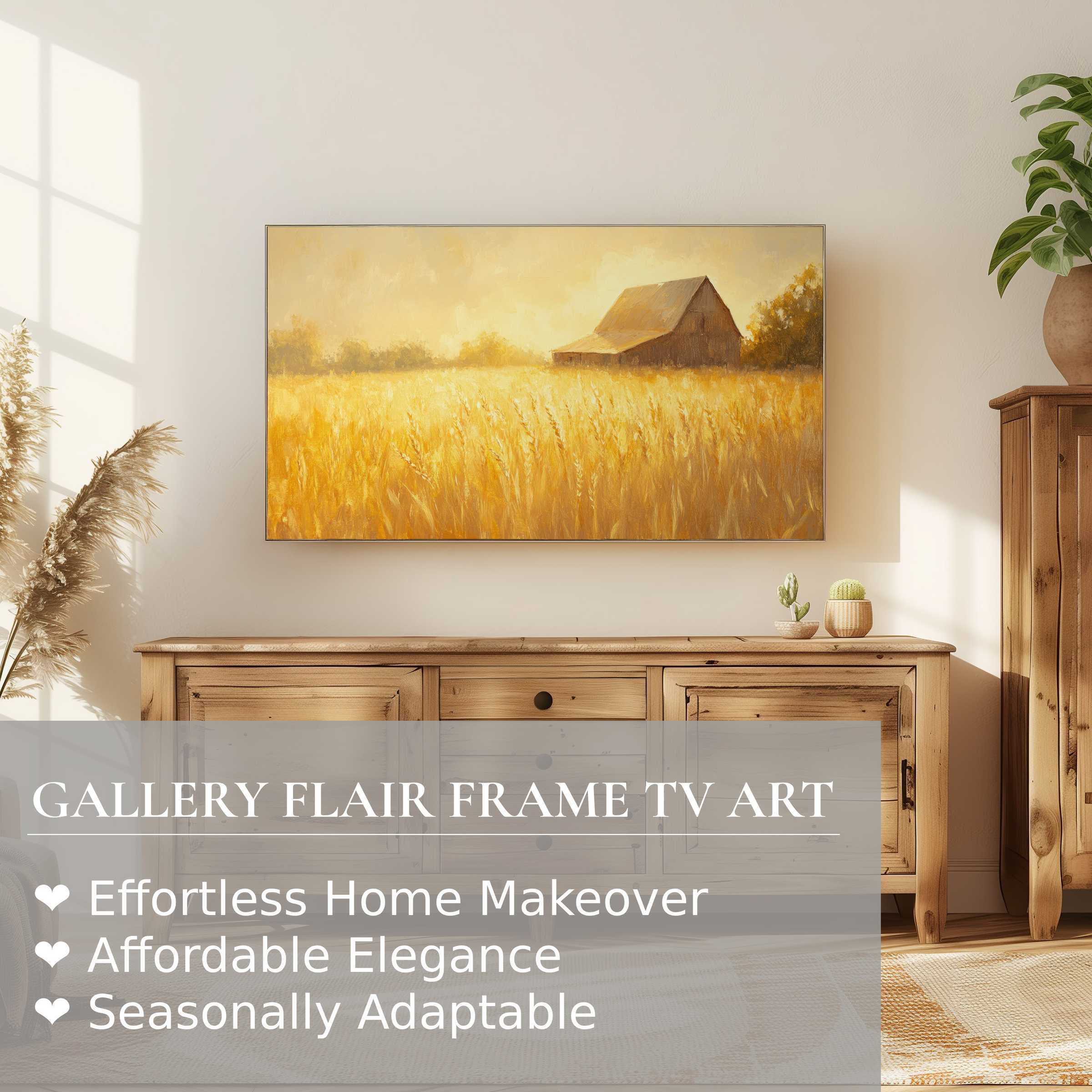Warm, sunlit farmhouse digital artwork displayed on Samsung Frame TV in a modern, elegant rustic living space