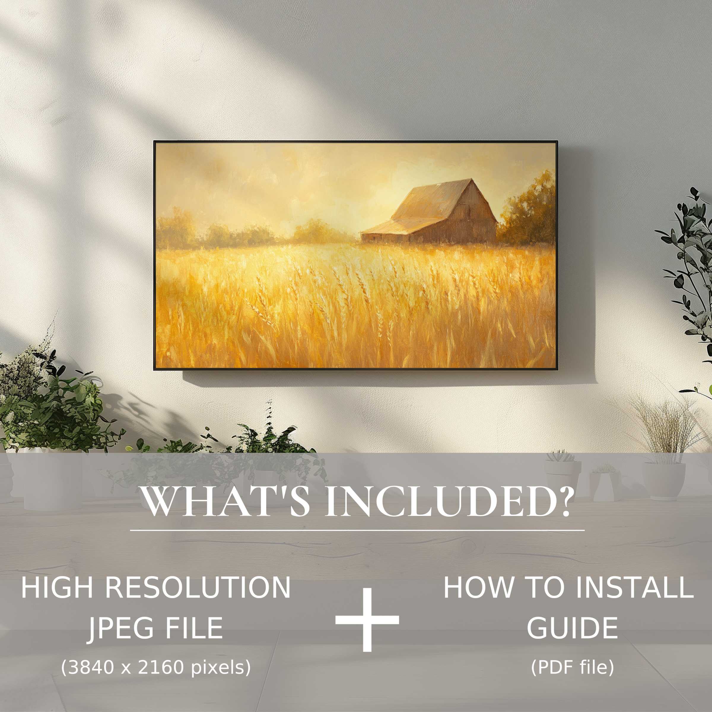 Elegant farmhouse digital TV art download, easy to use, enhances living space with warm modern decor charm