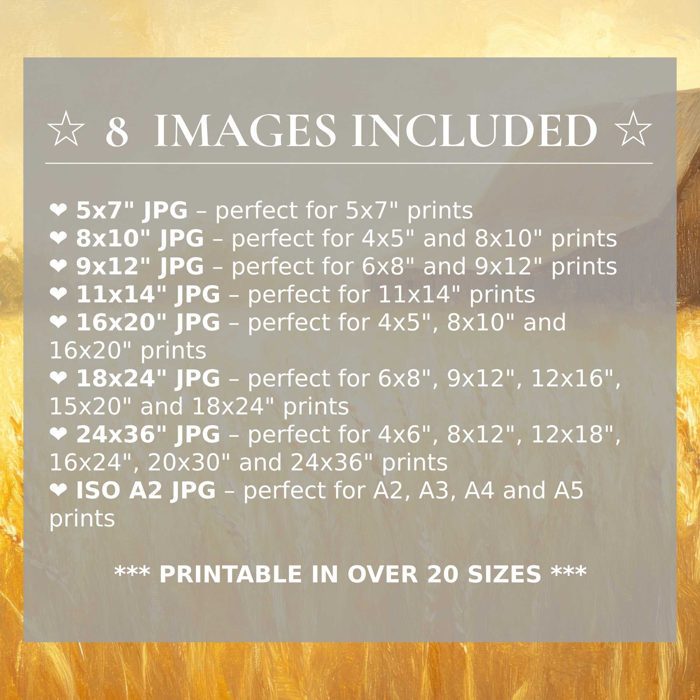 Radiant farmhouse digital print in warm amber and soft gold hues, including 8 high-quality sizes to elevate modern interiors with versatile elegance