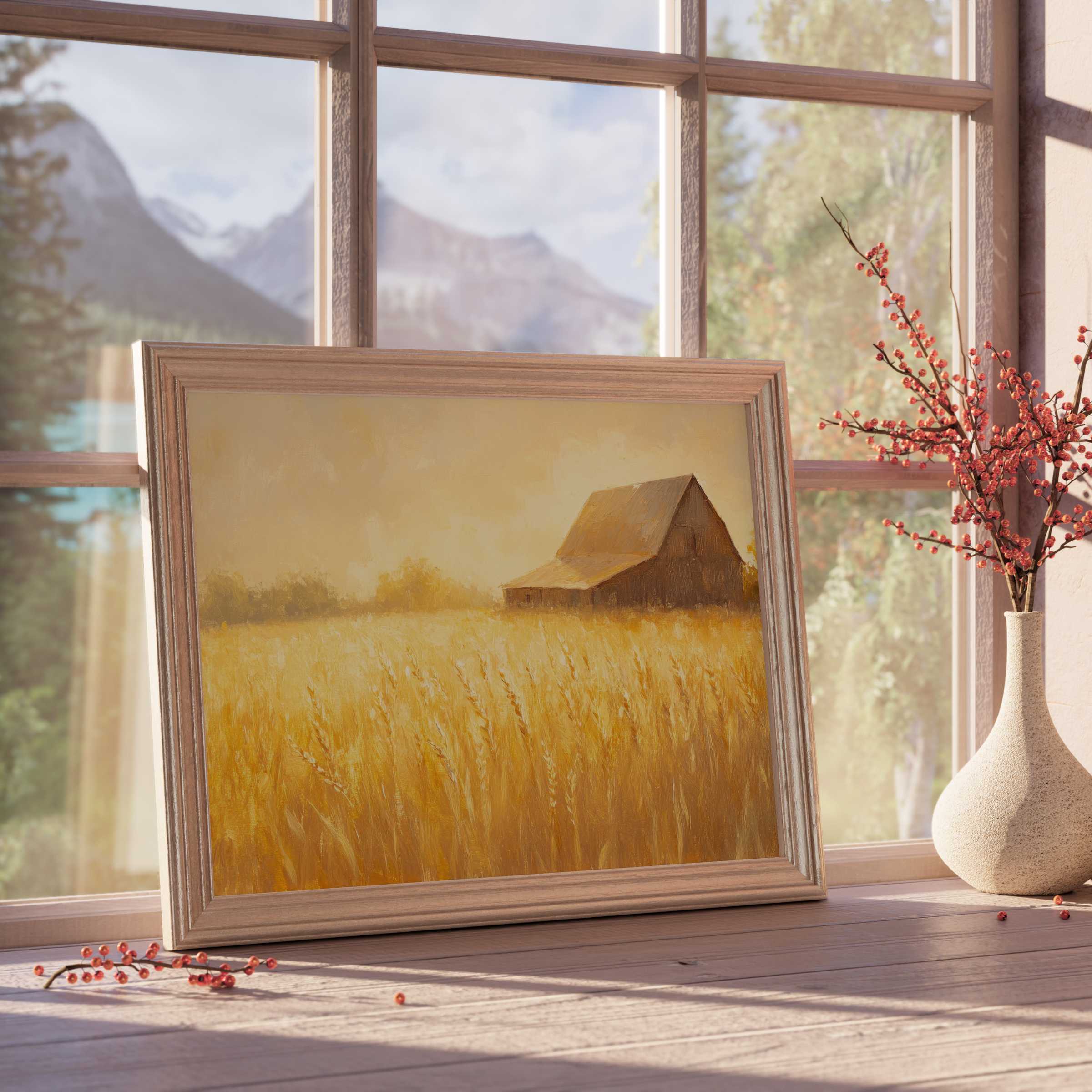 Golden-hued farmhouse downloadable art capturing serene wheat fields and rustic charm, perfect for curated, tranquil modern interiors