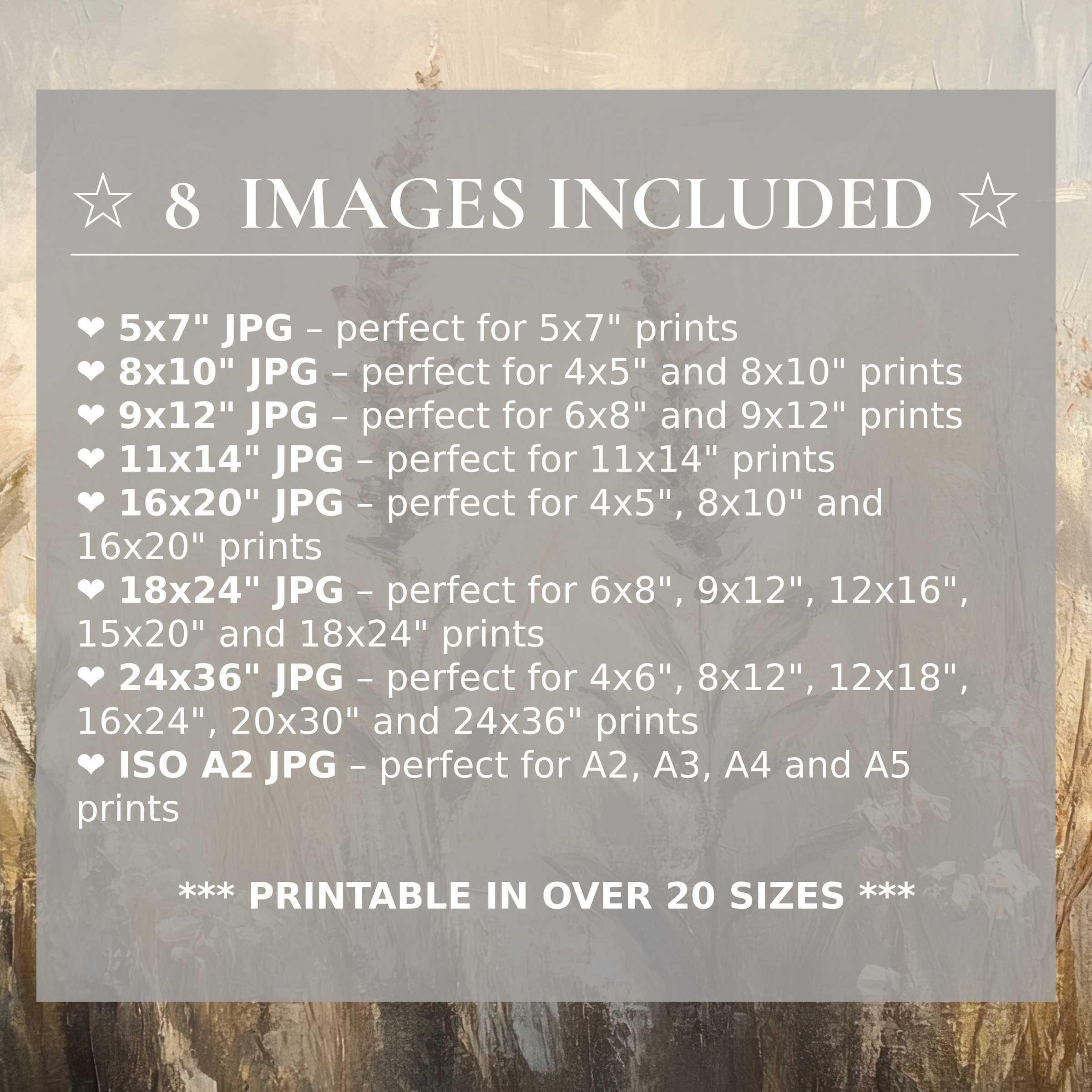Botanical digital print radiates calming earth tones and soft neutrals, elevating modern interiors with timeless style; includes 8 high-quality sizes