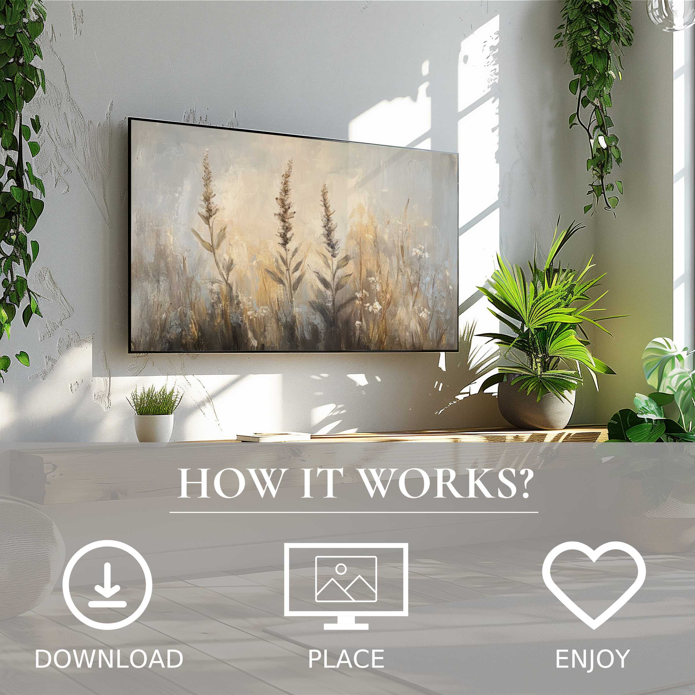 Botanical art for Samsung TV with soft sunset tones, easy digital download enriches your modern living space