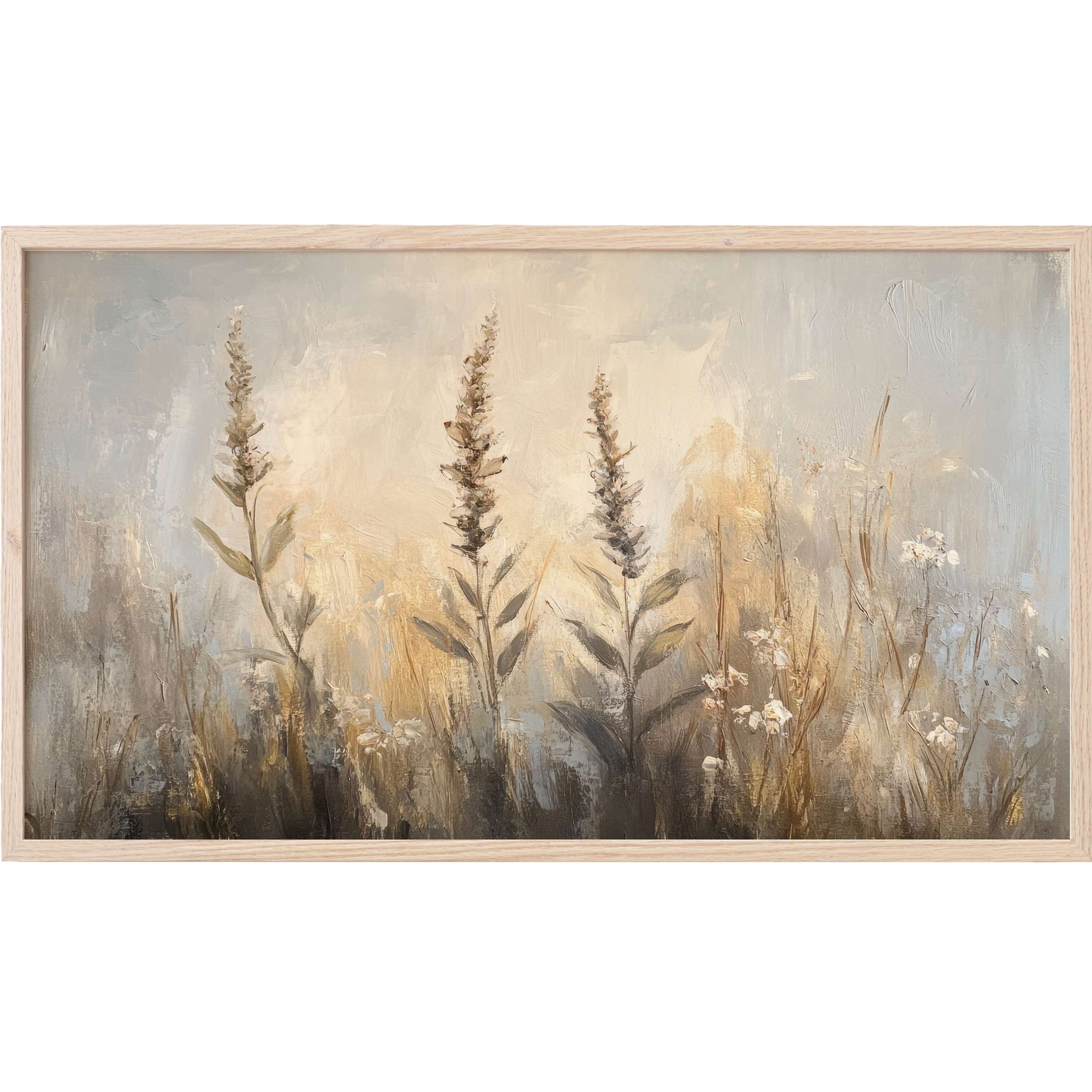 Soft earthy botanical silhouettes in muted golds and greys, an elegant botanical Frame TV Art for modern interiors