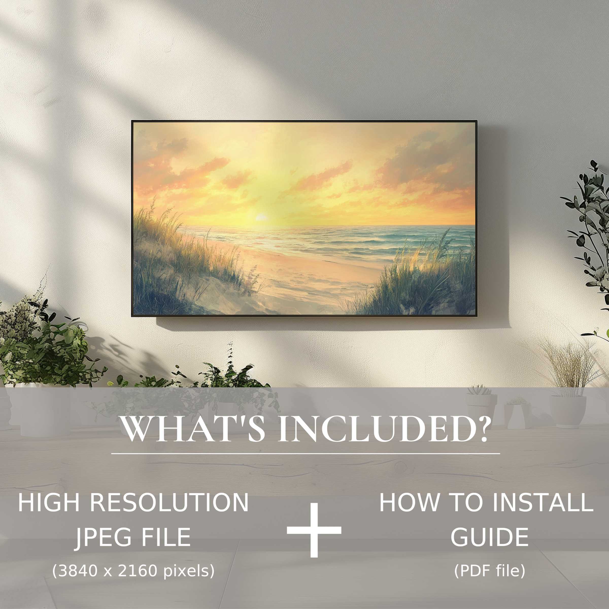 Elegant coastal digital TV art download of sunrise beach scene, enhancing spaces with easy digital use and refined style