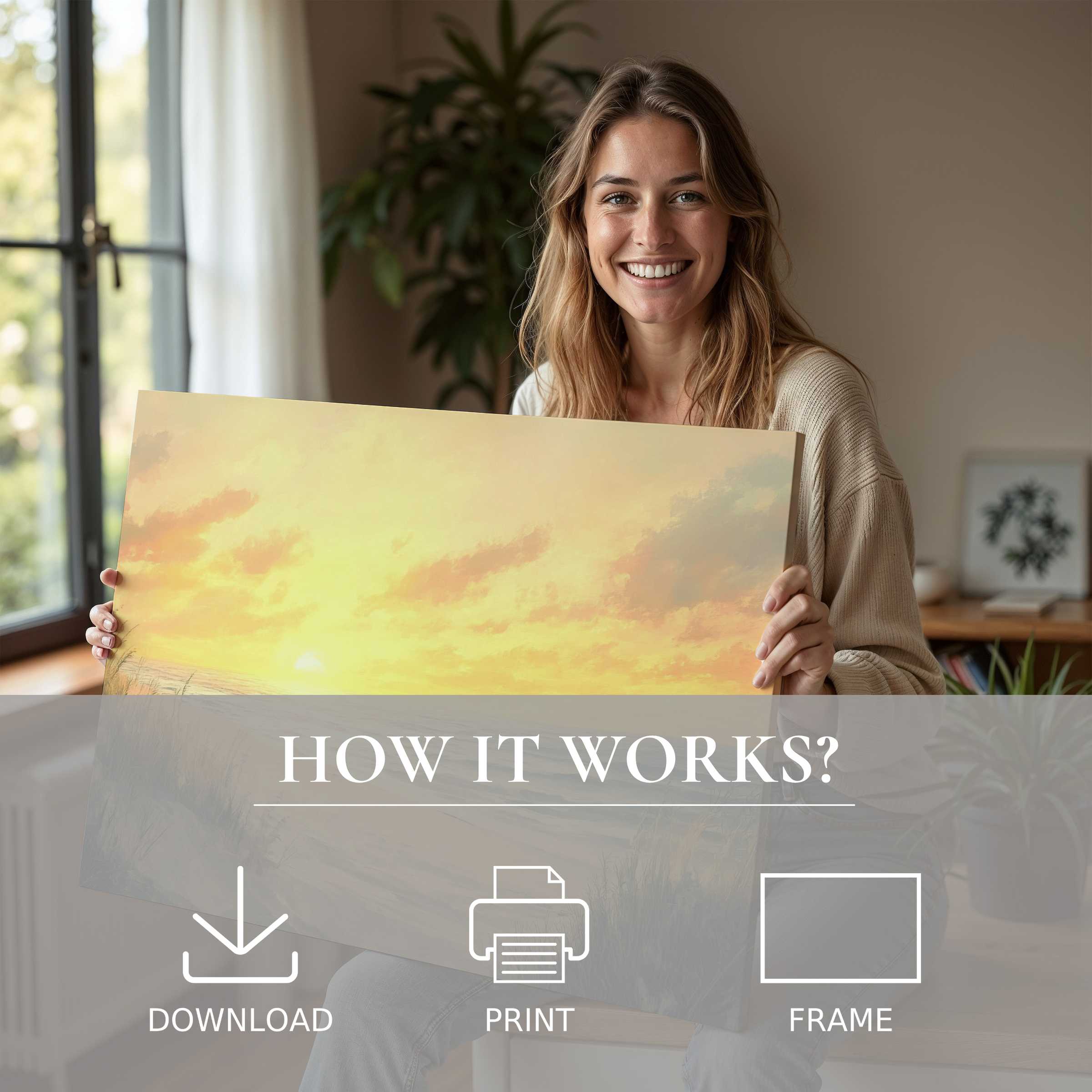 Woman in a modern home radiates joy holding a coastal digital art print bathed in soft, warm sunset tones