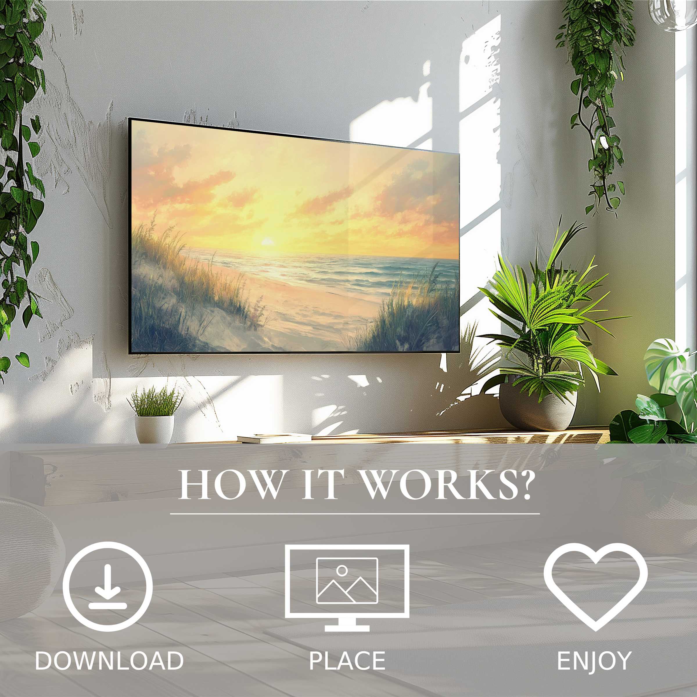 Coastal art for Samsung TV shows soft sunset tones, easy digital download, enriching modern living spaces with serene design