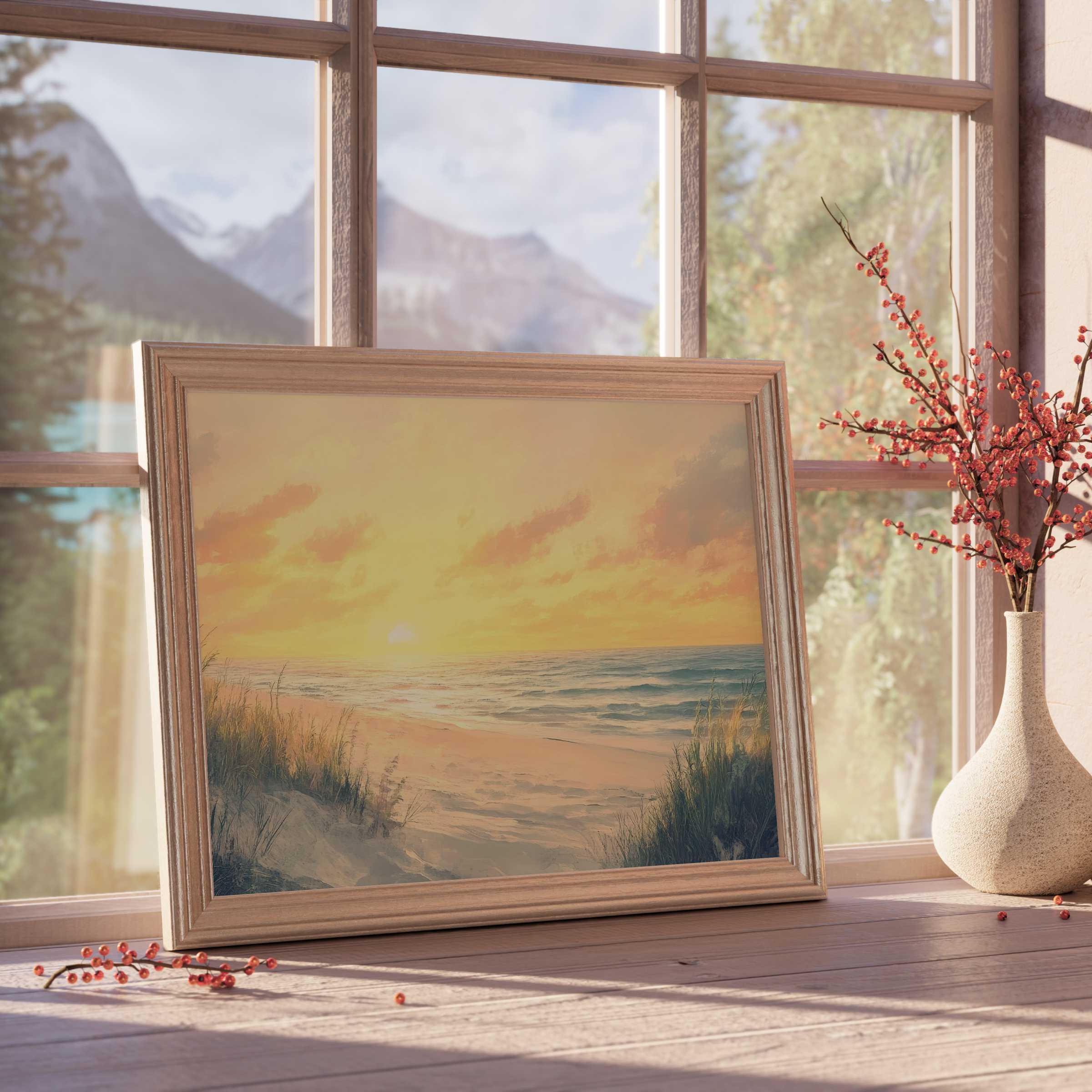 Coastal downloadable art capturing a tranquil sunrise over sandy dunes, enhancing serene, curated home interiors with warm natural light