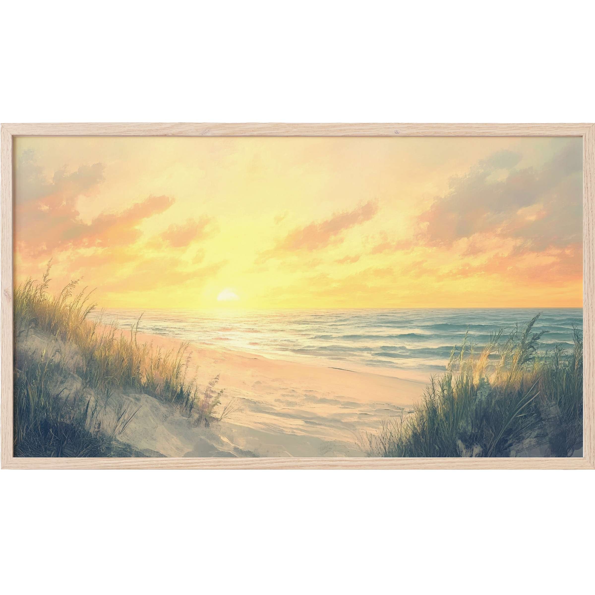 Coastal Frame TV Art featuring a serene sunrise over sandy dunes with soft pastels and natural greens
