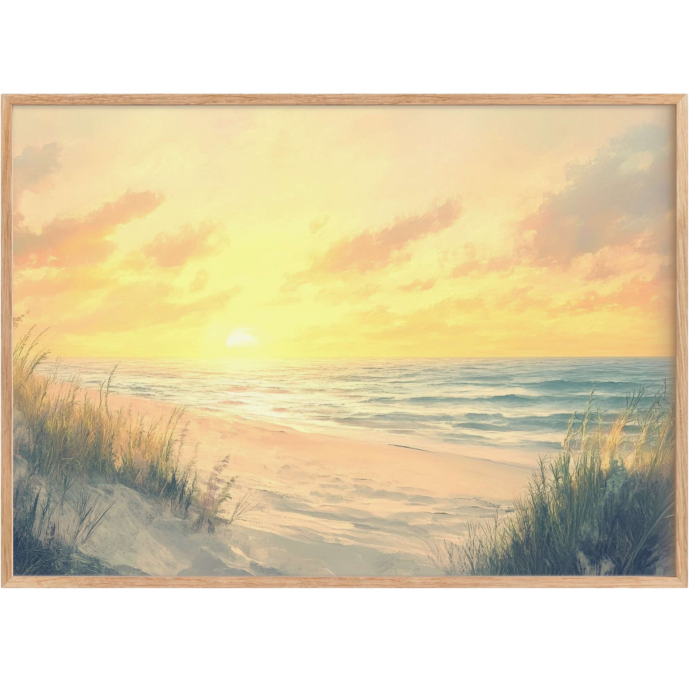 Coastal printable wall art capturing a serene sunrise, with soft golden hues and calming blue waves, evoking peaceful coastal elegance