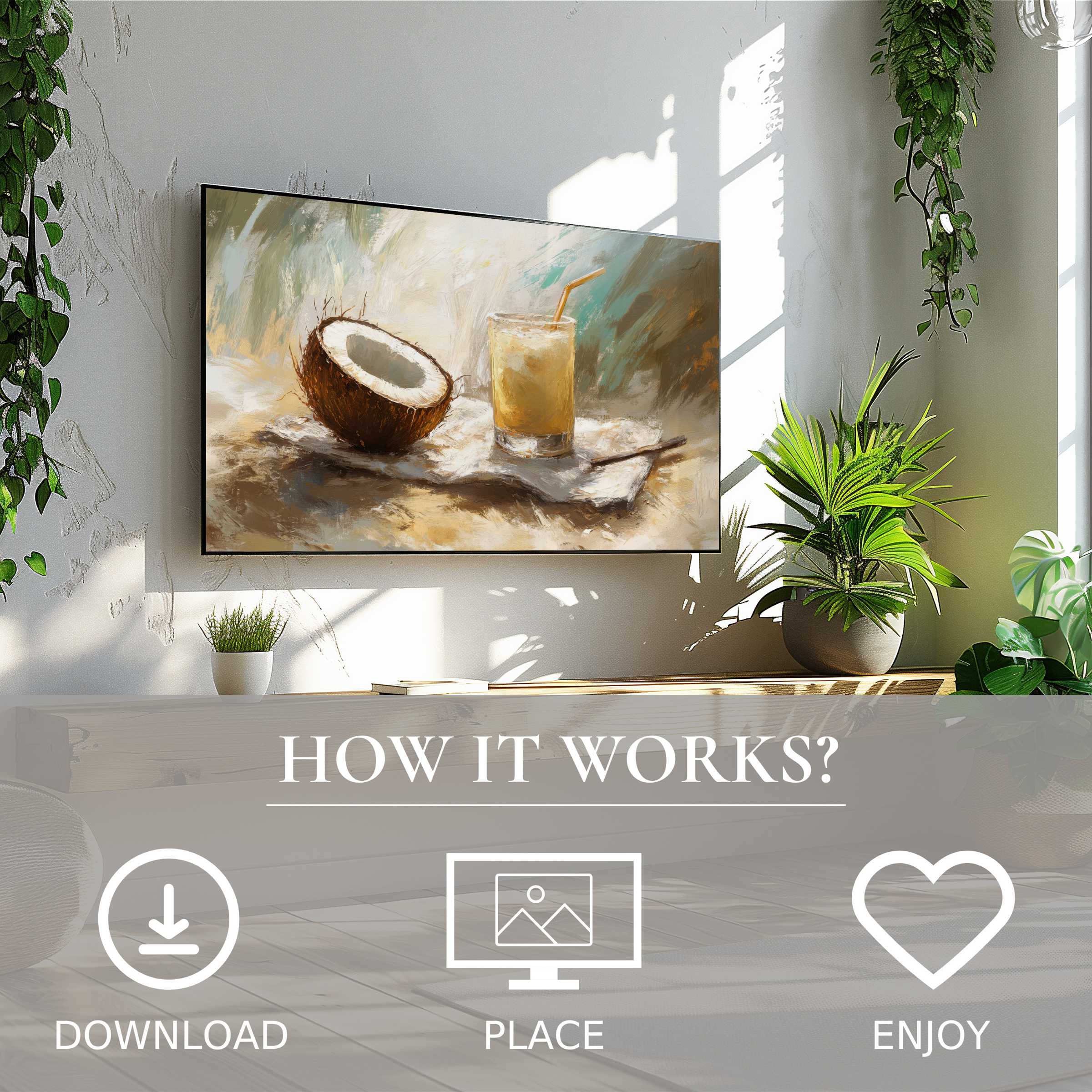 Bright living room with green plants; digital download beach art for Samsung TV shows soft tropical tones, enhancing space
