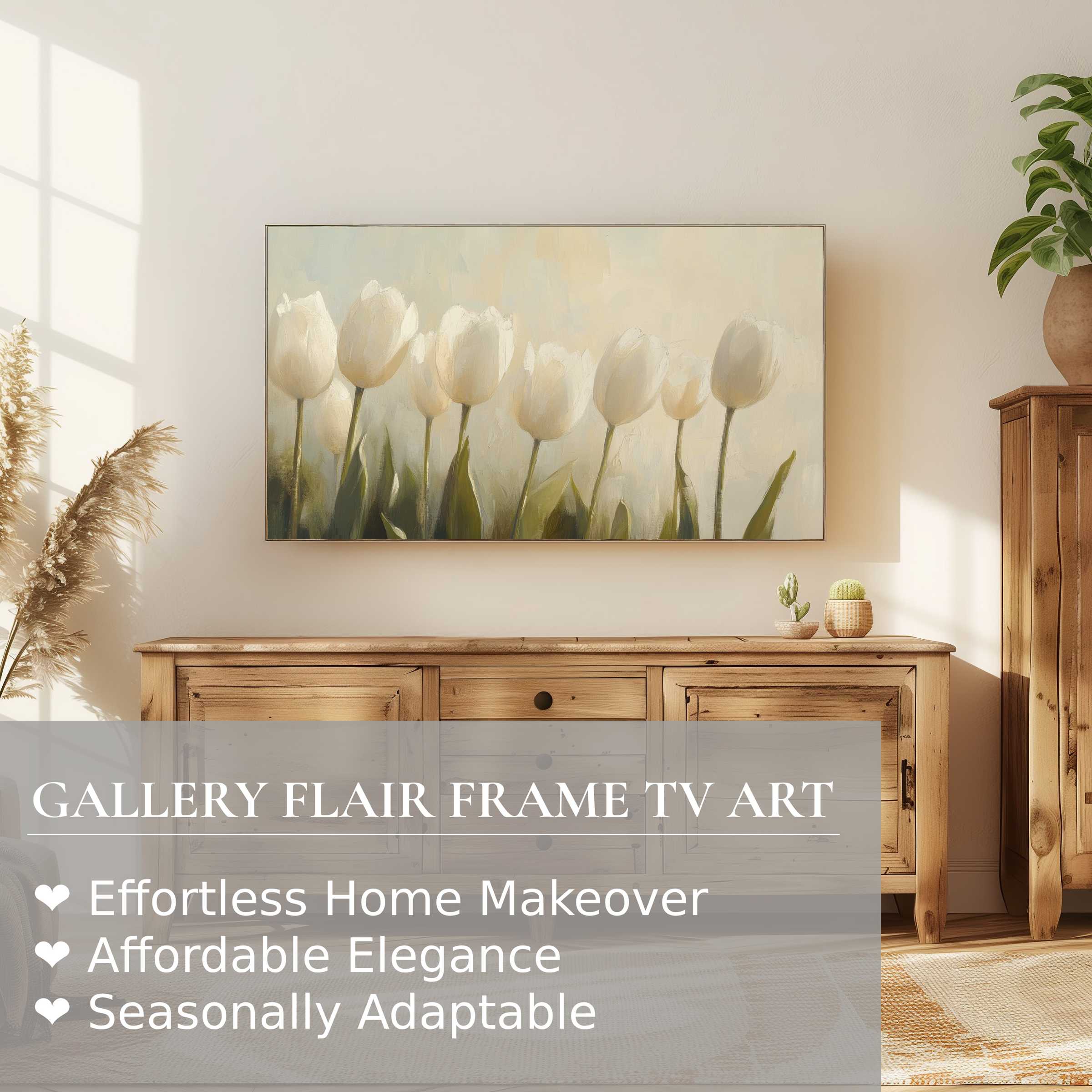 Samsung Frame TV displaying serene spring digital artwork of white tulips in a minimalist, warm wood interior