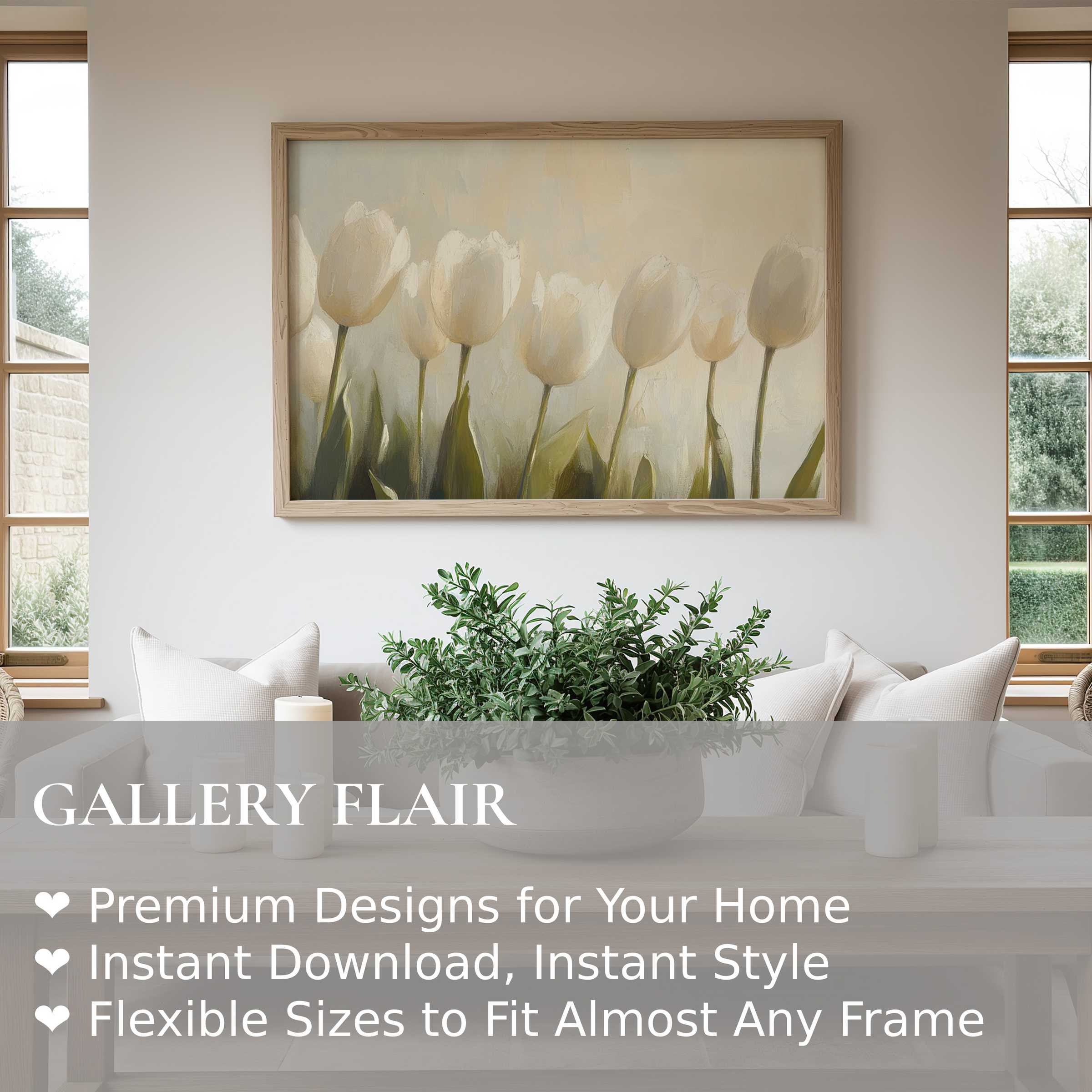 Elegant spring wall art print of soft white tulips in muted tones, enhancing serene modern farmhouse interiors with calming botanical charm