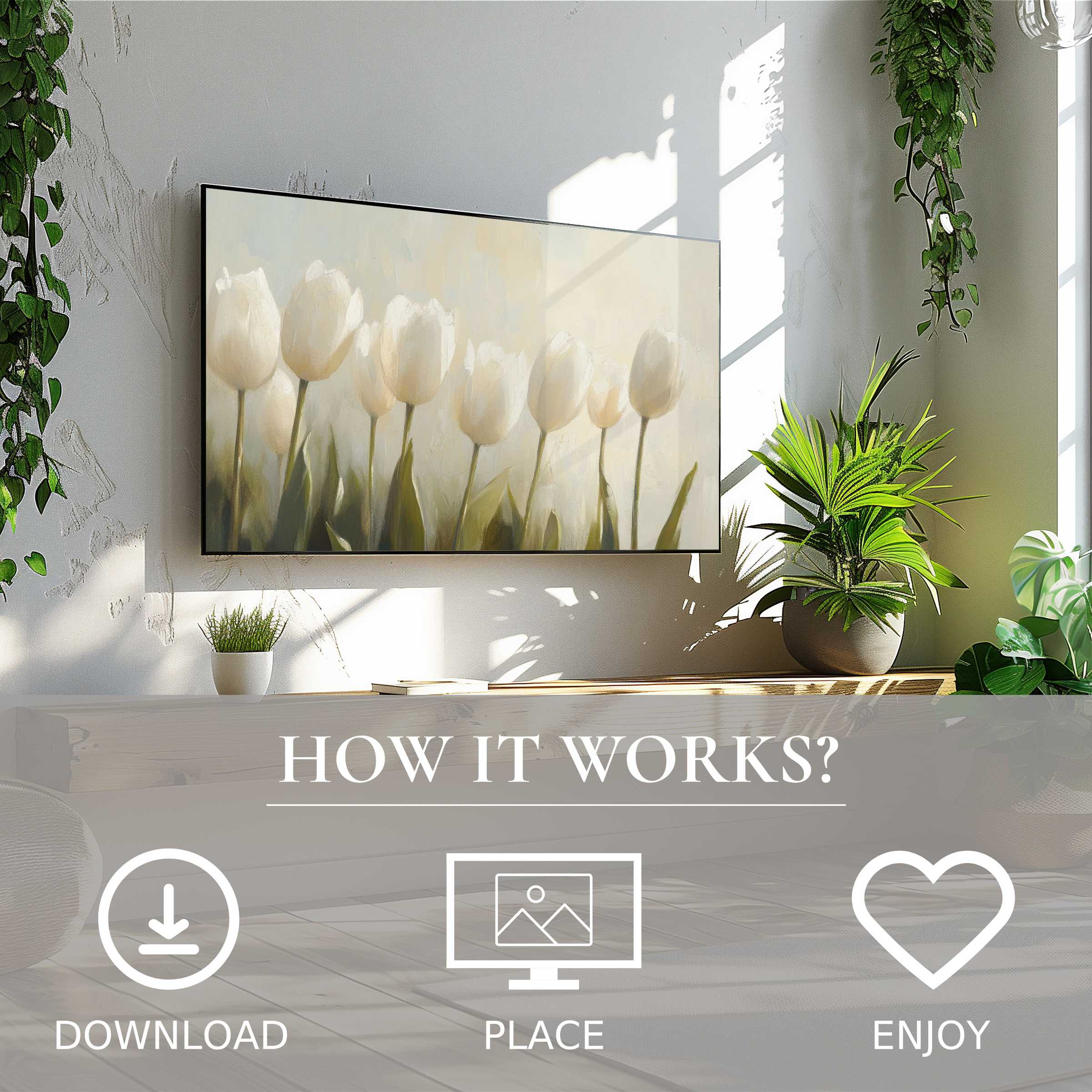 Spring art for Samsung TV showing soft white tulips; easy digital download enriches modern living spaces