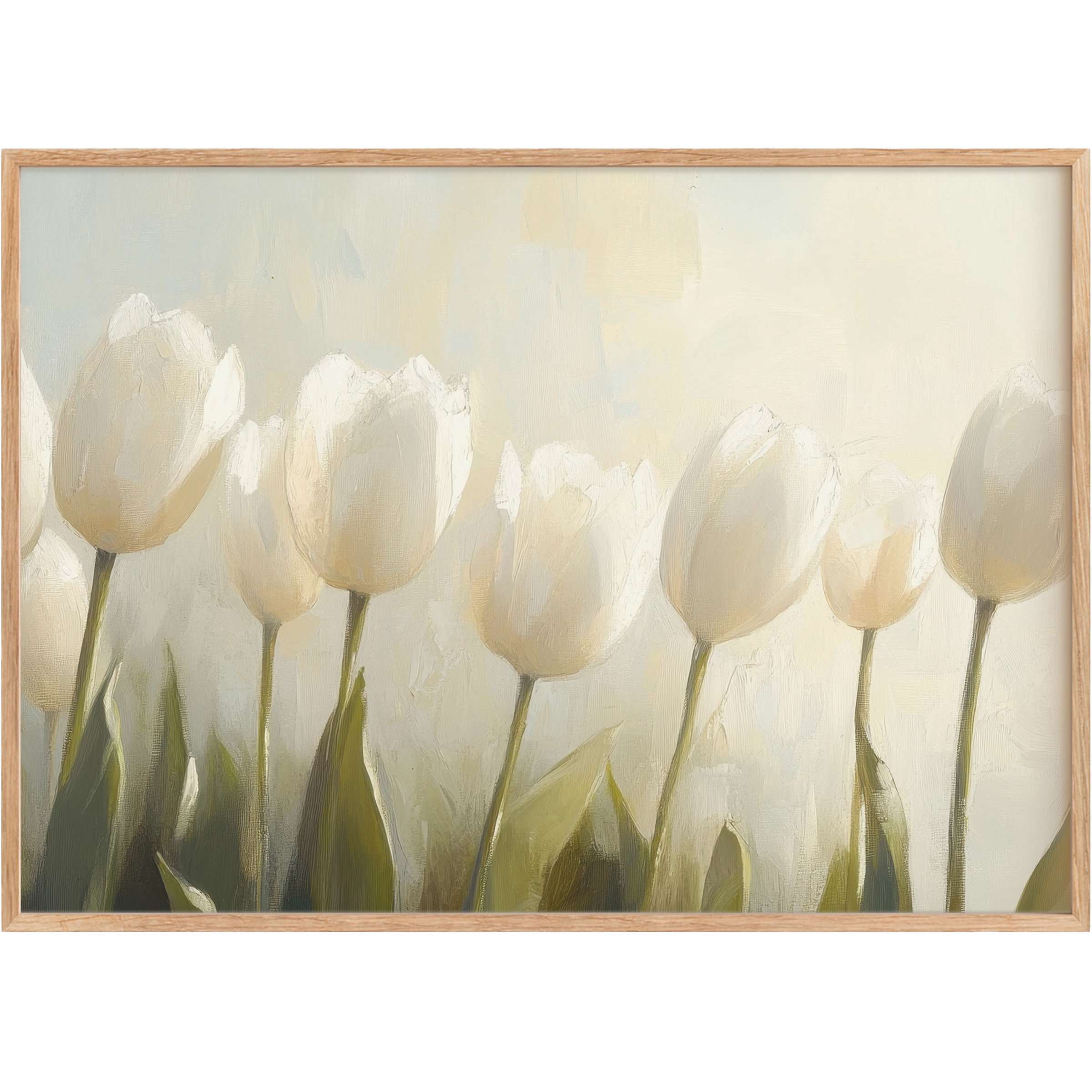 Elegant spring printable wall art featuring soft white tulips against muted pastels, evoking a serene, radiant ambiance