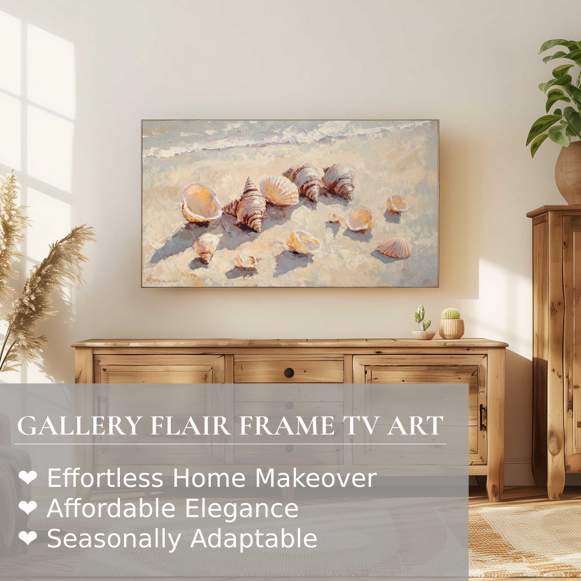 Samsung Frame TV displaying summer digital artwork of seashells in a soft, elegant coastal style setting