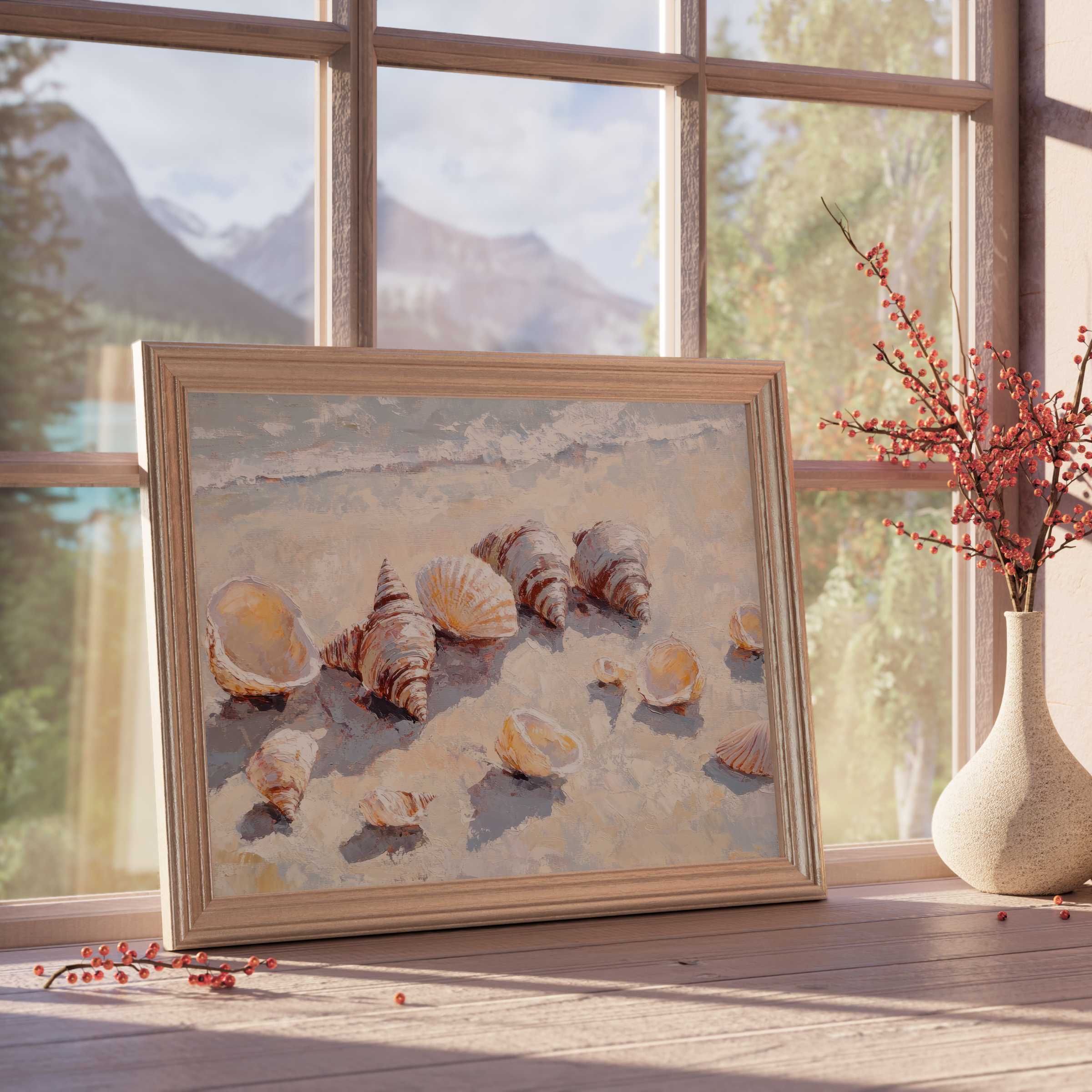 Summer downloadable art evokes serene coastal calm with warm seashell tones, enriching curated, light-filled interiors with timeless elegance