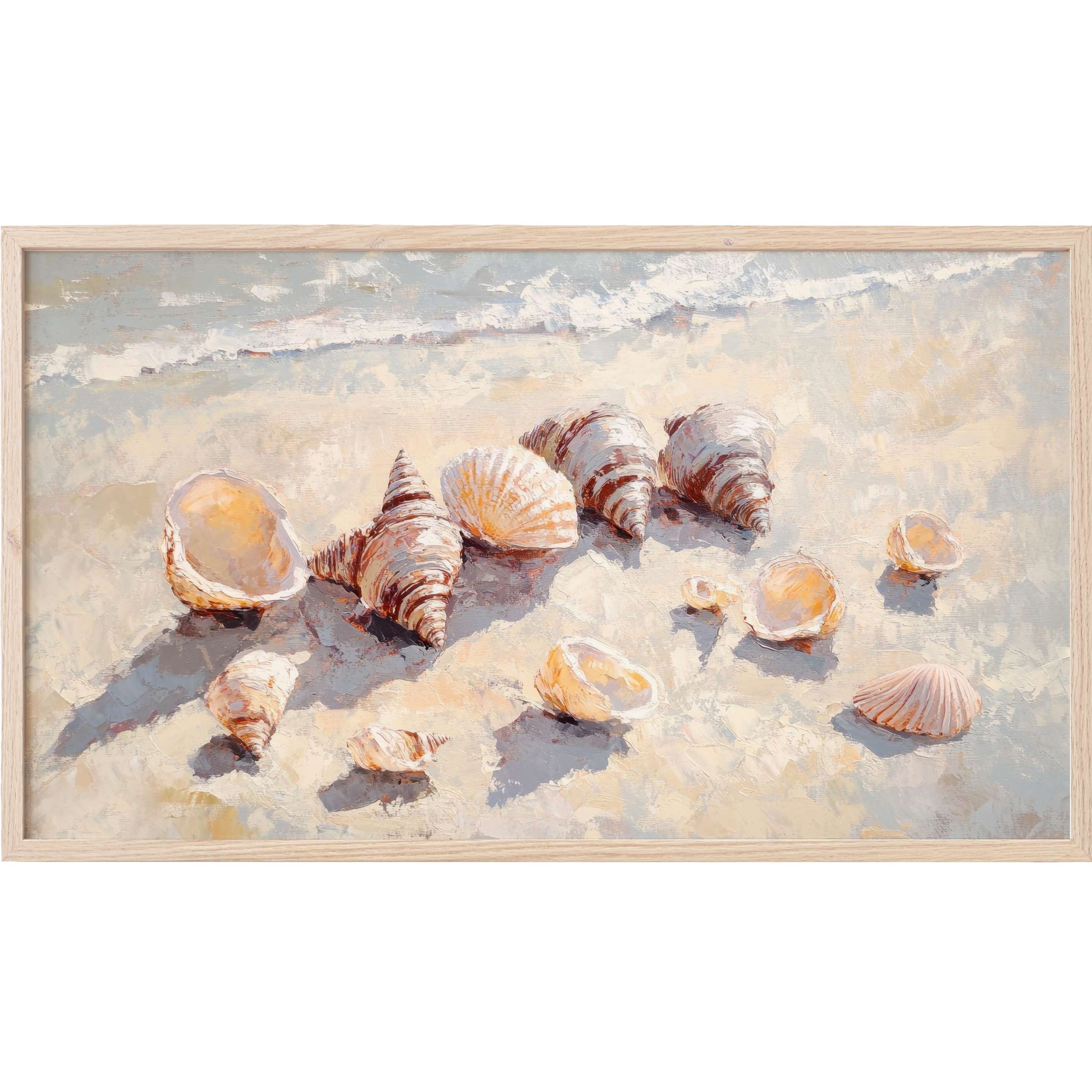 Softly textured seashells in warm neutrals rest on a sunlit sandy shore, perfect summer Frame TV Art