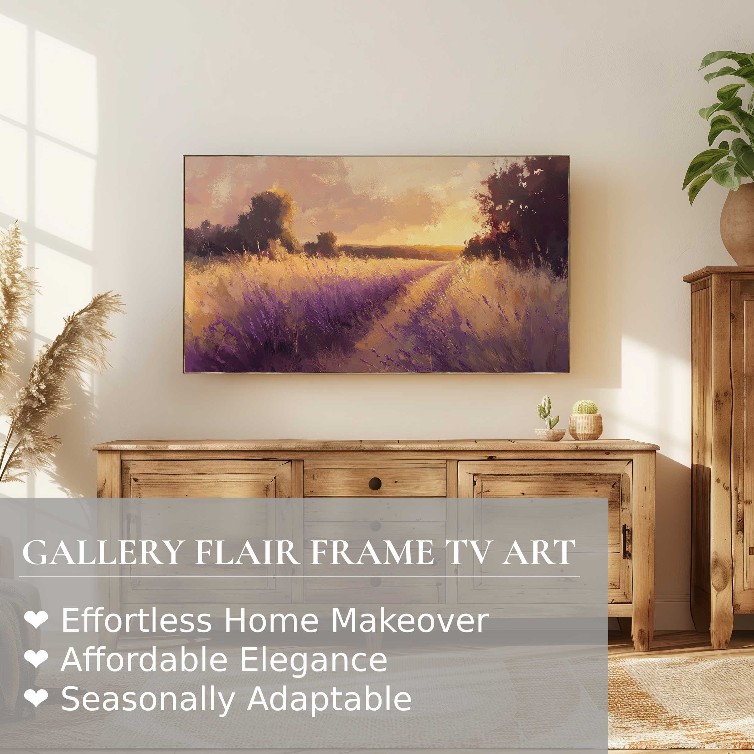 Samsung Frame TV displaying serene landscape digital artwork in warm tones, enhancing elegant modern home decor