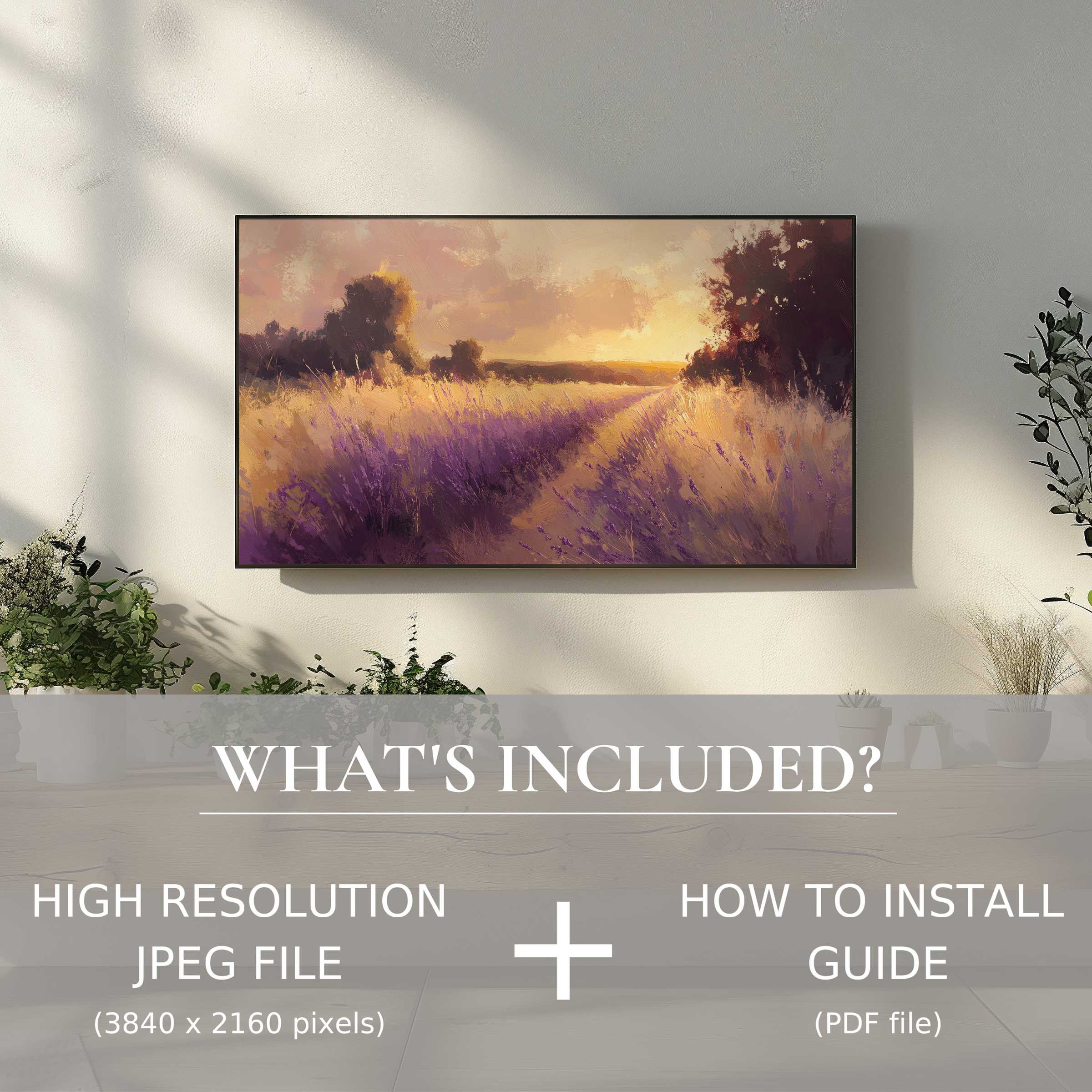 Elegant landscape digital TV art download brightens serene room, easy digital use enhances stylish living space ambiance