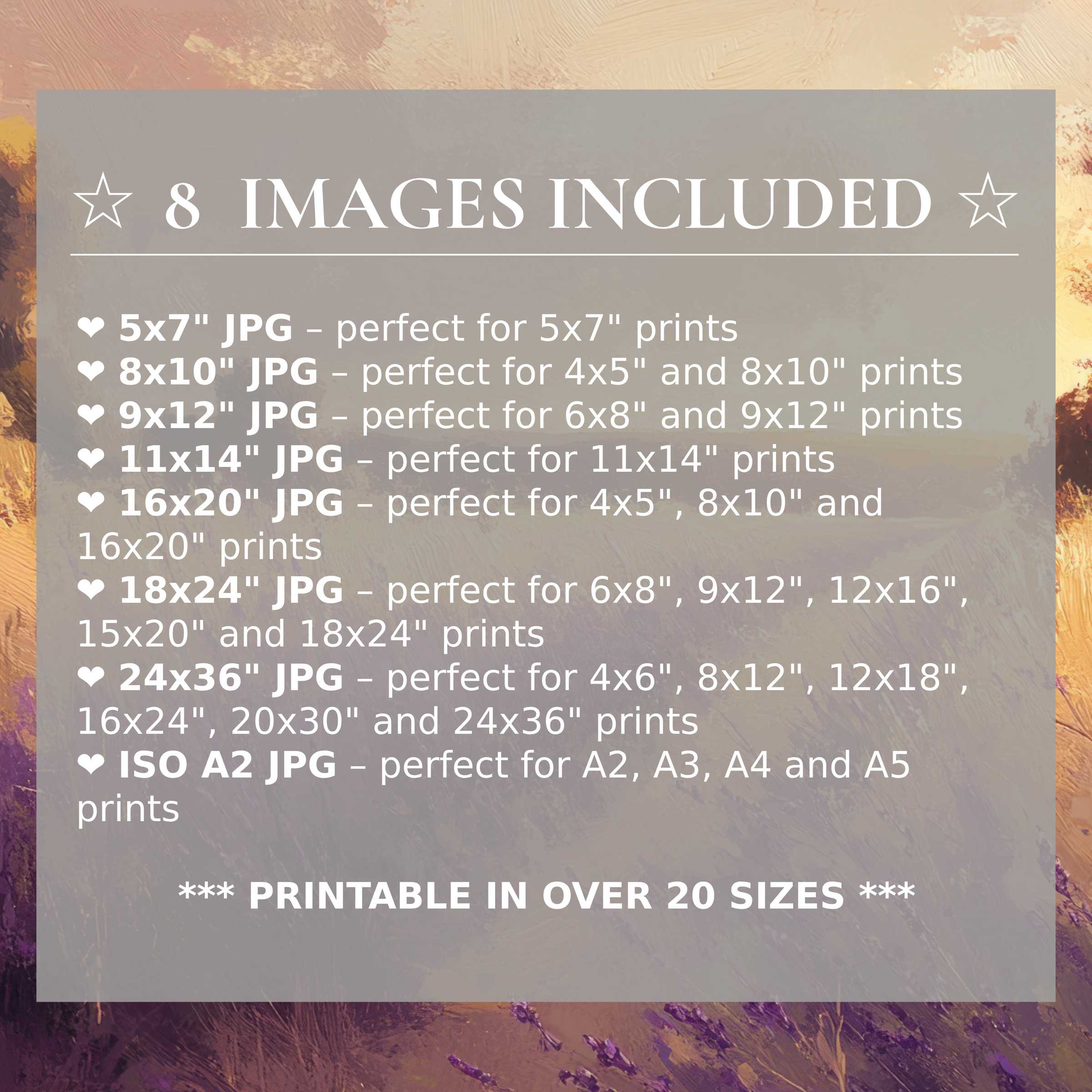 Radiant landscape digital print in warm ochre and soft lavender hues, elevates modern interiors with calming beauty; includes 8 high-res sizes
