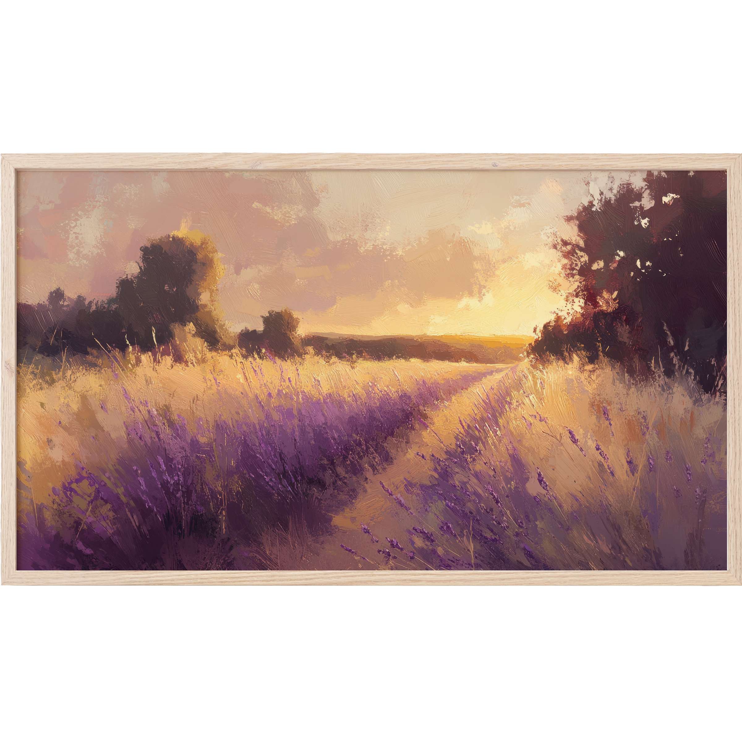 Elegant landscape Frame TV Art depicting a sunlit lavender field with soft purples and warm golden hues