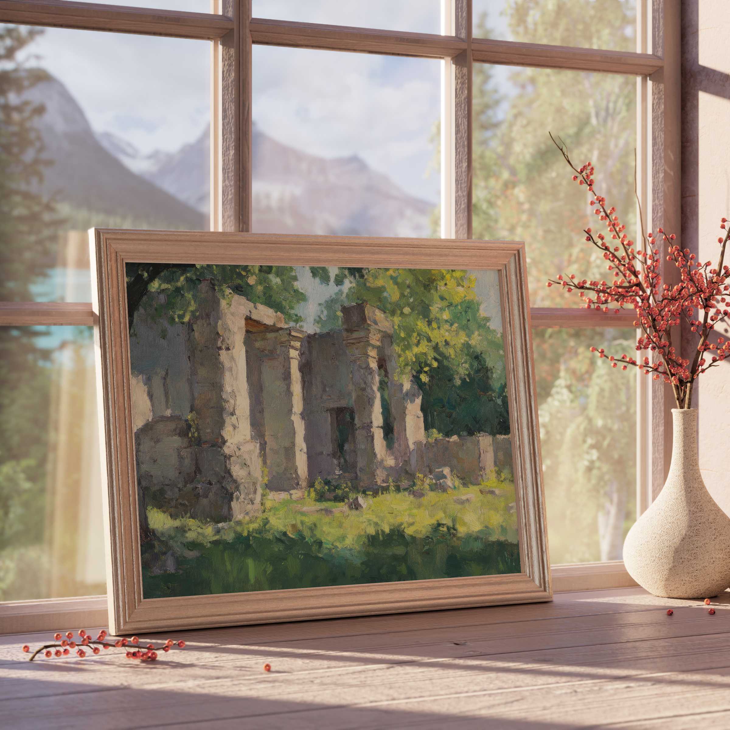 Vintage downloadable art capturing sun-dappled ancient ruins, infusing tranquil, curated interiors with timeless, nature-inspired warmth